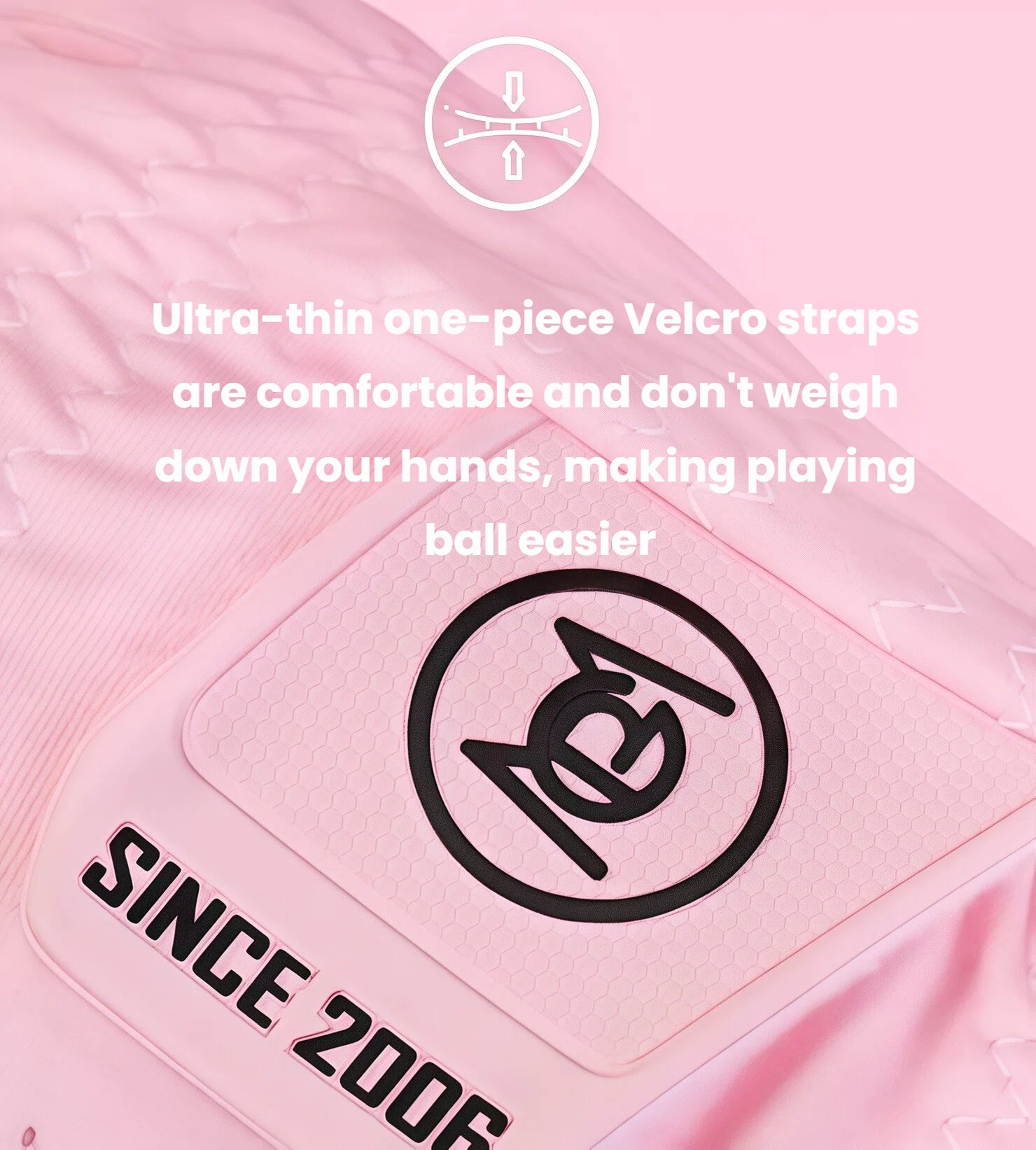 A close-up of the PGM women's golf glove's adjustable strap. The ultra-thin one-piece Velcro strap is comfortable, doesn't weigh down the hand, and features the PGM logo and "SINCE 2006" text.