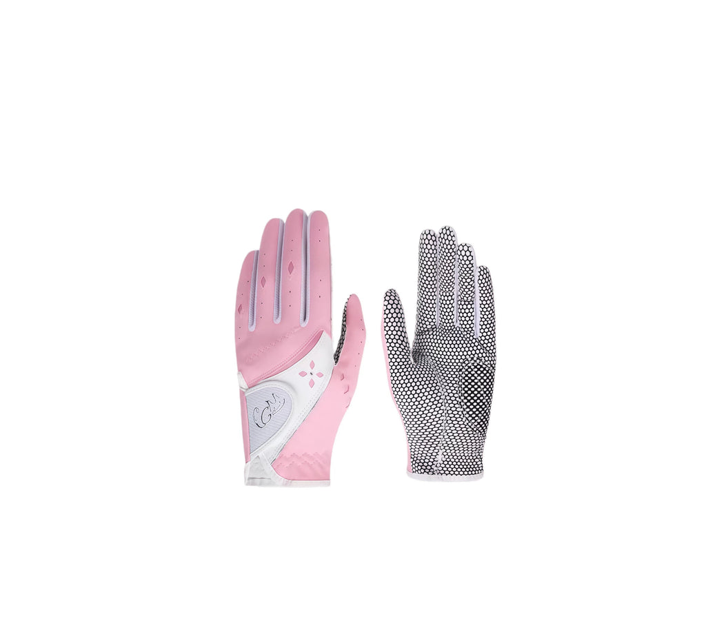 A pair of PGM women's summer golf gloves in pink and white. The image shows the front and back views, highlighting the breathable fabric, the flower-shaped cutout detail, and the textured anti-slip palm for a secure grip.