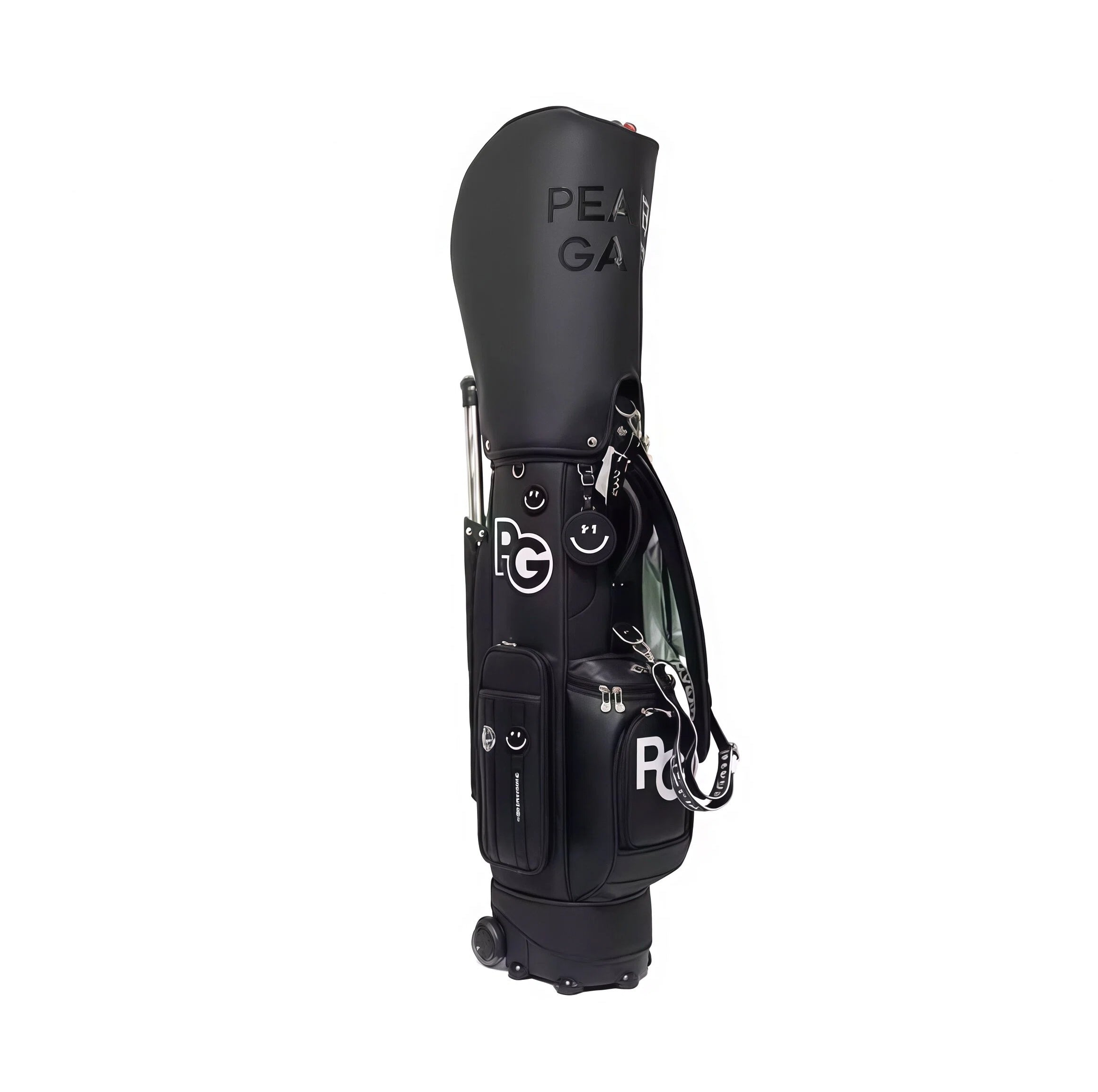 Black PG Smiley golf trolley bag made from waterproof PU material. Features "PG" logo, smiley face badge, multiple zippered pockets, and built-in wheels for easy transport. Ideal for men and women.
