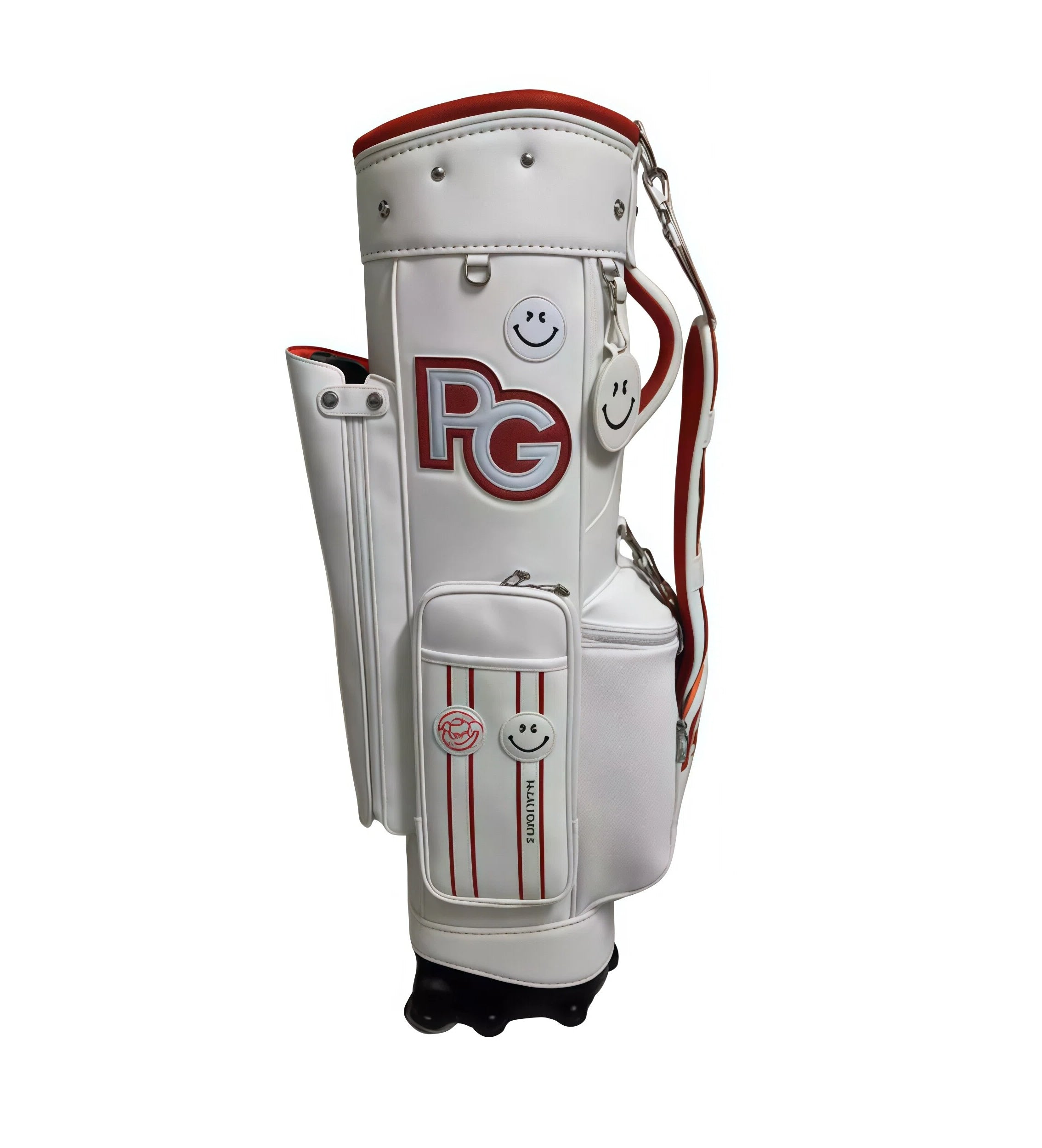Top view of white PG Smiley golf trolley bag showing red interior lining, club dividers, and secure zipper closure. Designed for full set of clubs and maximum protection.
