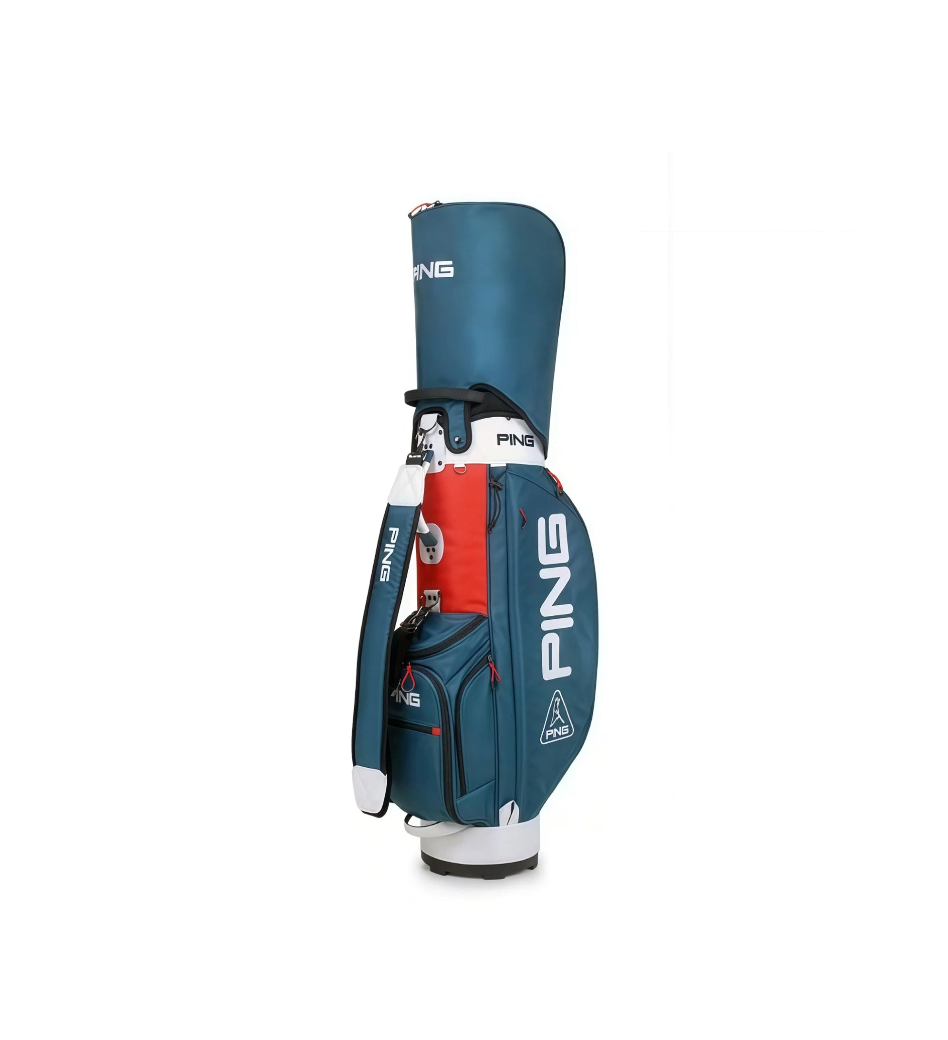 Side view of the PING A-Series Staff Golf Bag in teal and red colorway. Features a padded shoulder strap, multiple zippered pockets, and prominent "PING" branding. Ideal for carrying a full set of golf clubs.
