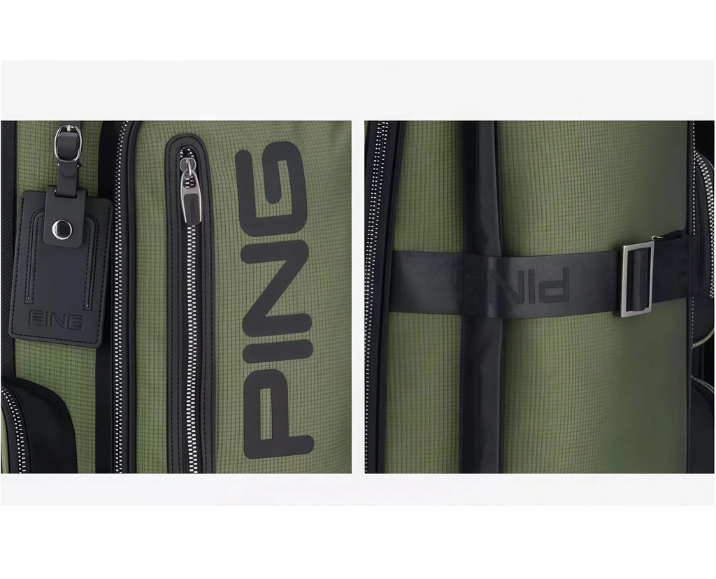 Close-up of olive green PING golf bag showing durable zipper, textured fabric, and embossed "PING" logo on leather tag and strap. Premium craftsmanship visible.
