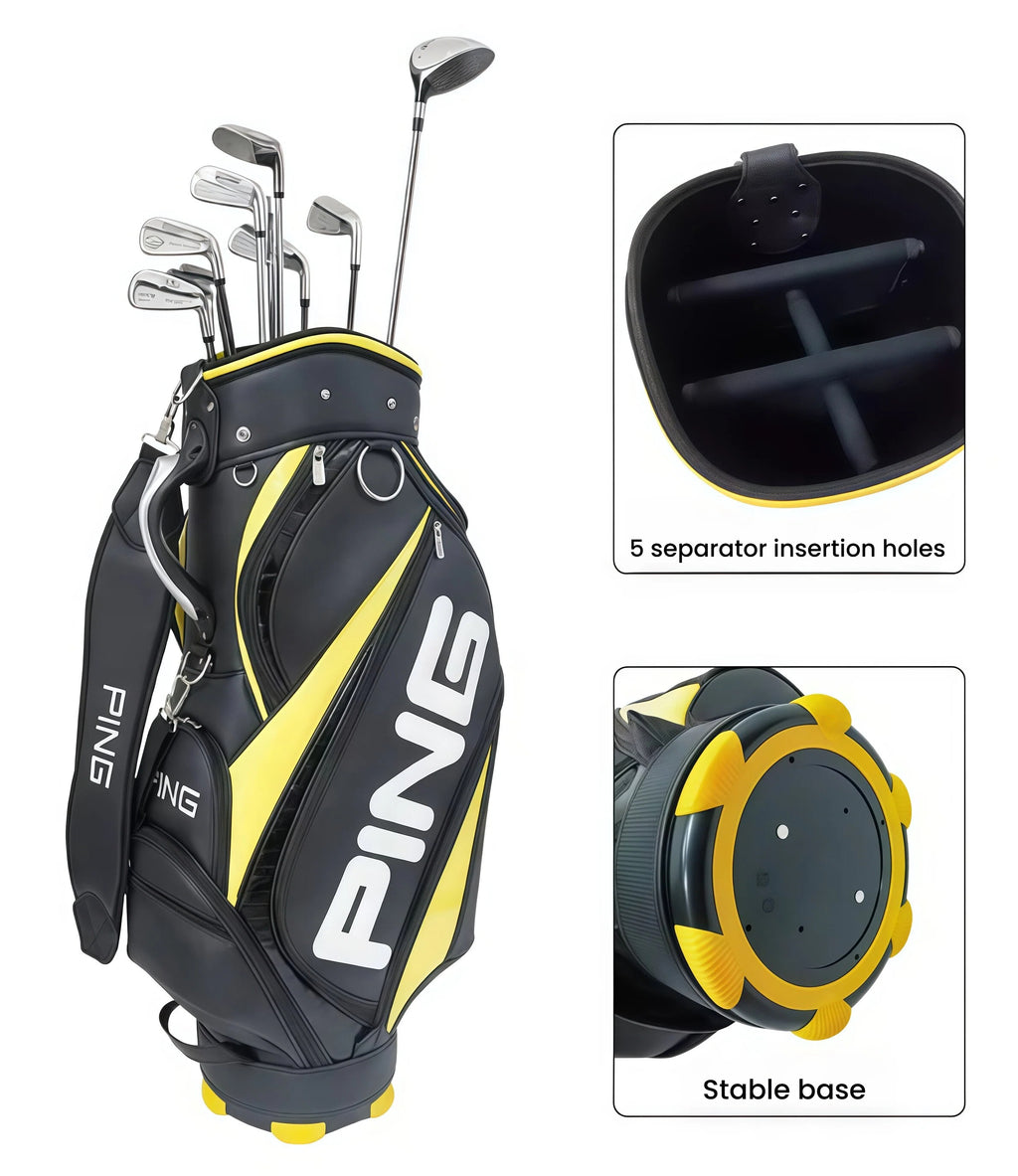 Interior view of the PING Golf Cart Bag 2025 showing 5 separator insertion holes for custom club dividers and a stable base with rubber feet for upright support.

