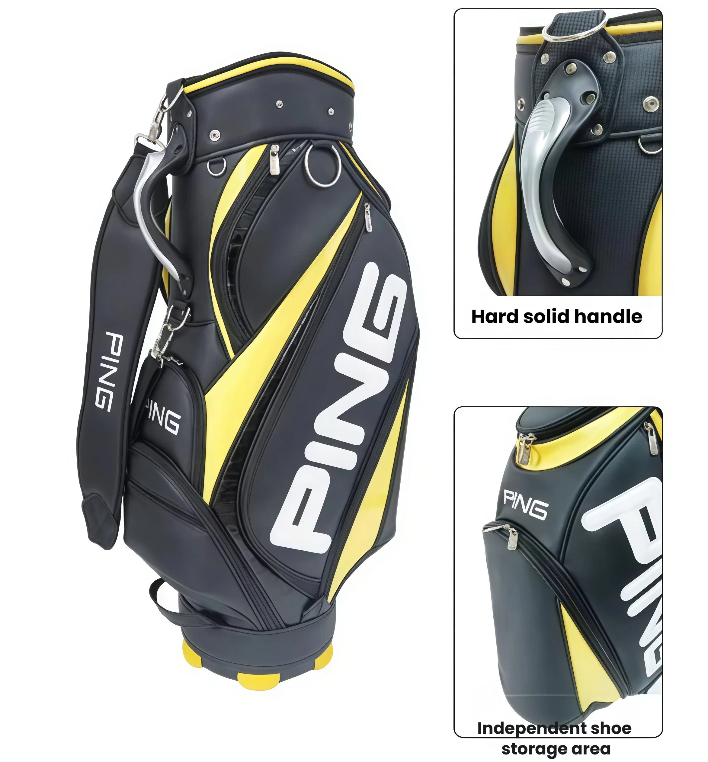 Close-up of the PING Golf Cart Bag 2025 featuring a hard solid top handle for easy carry and an independent shoe storage area for organized gear.