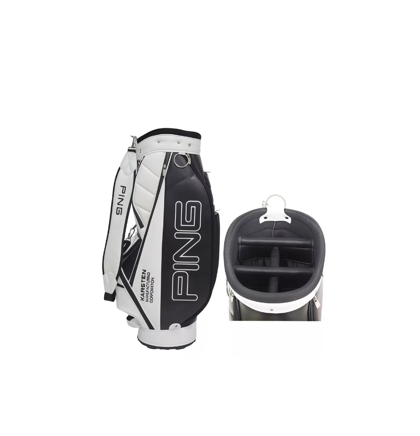 Side view of white and black PING golf stand bag with a close-up of its 4-way top divider, highlighting organized storage, waterproof construction, and lightweight unisex design for golfers.
