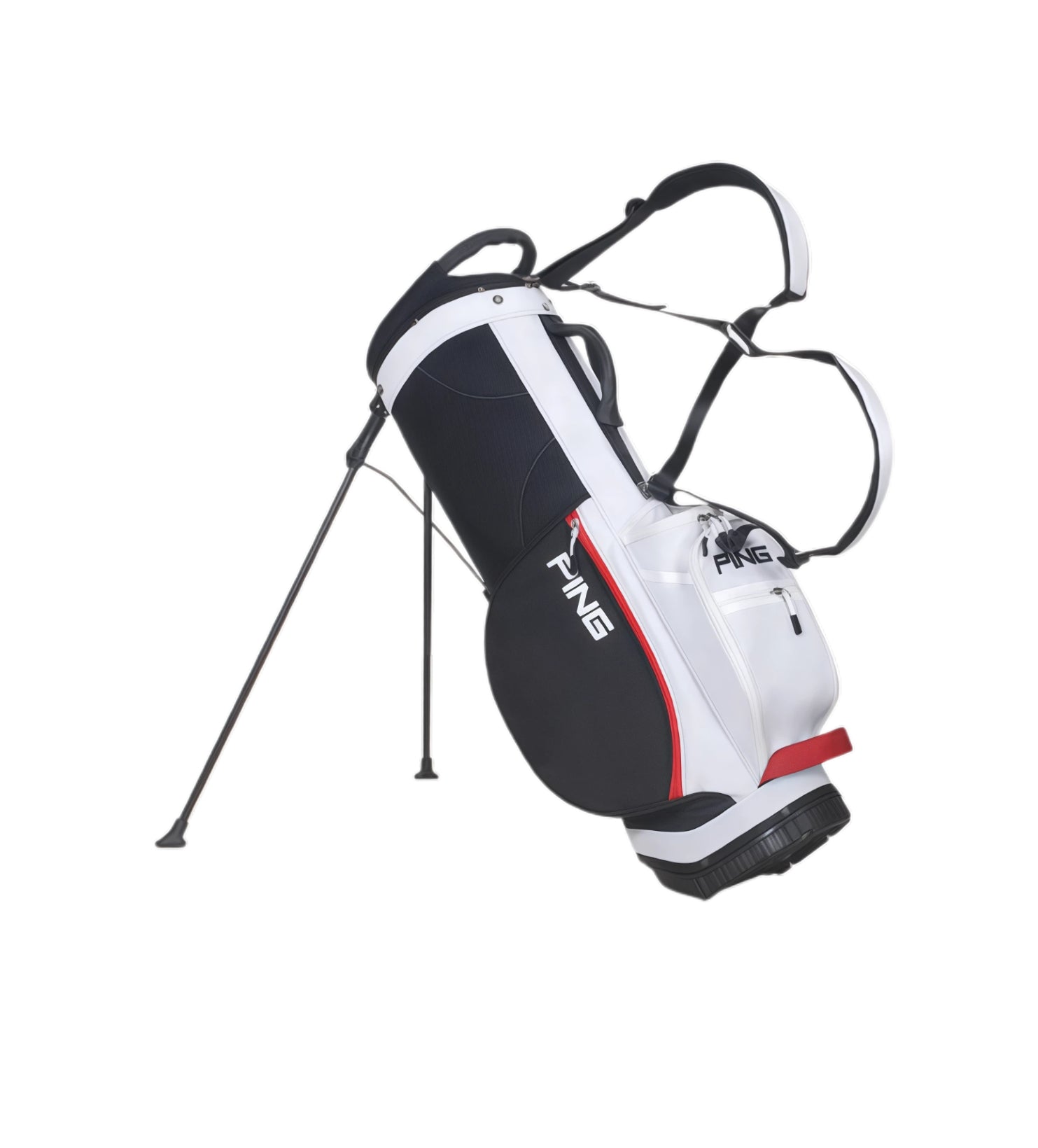 Side angle view of the PING Hoofer Lite Stand Bag with backpack straps extended. Shows the "PING" logo, red accent stripe, and built-in stand legs. Ideal for walking courses and travel.