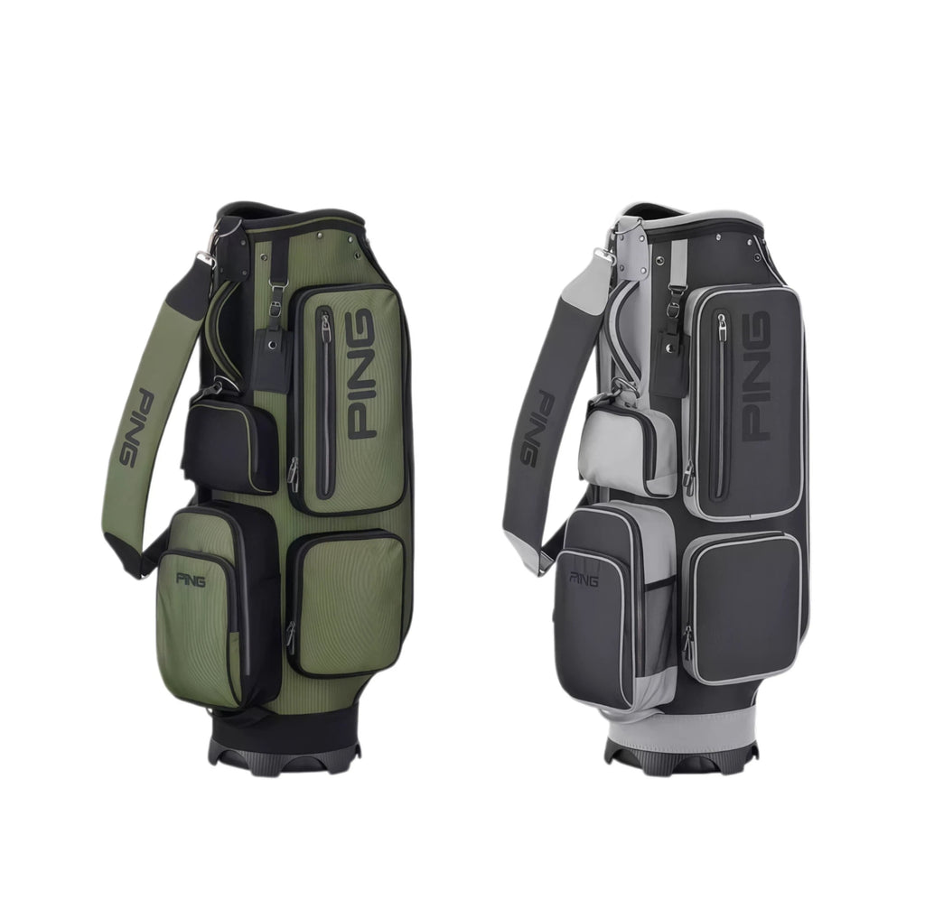 Side-by-side view of PING modern cart bag in olive green and dark gray colorways. Both feature multi-pocket design, branded straps, and premium build quality.
