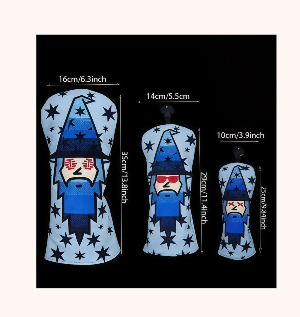 Size chart for Premium Wizard golf headcovers set showing dimensions for driver (35cm/13.8inch), fairway (29cm/11.4inch) and hybrid (25cm/9.84inch) covers, ensuring perfect fit for various club sizes.