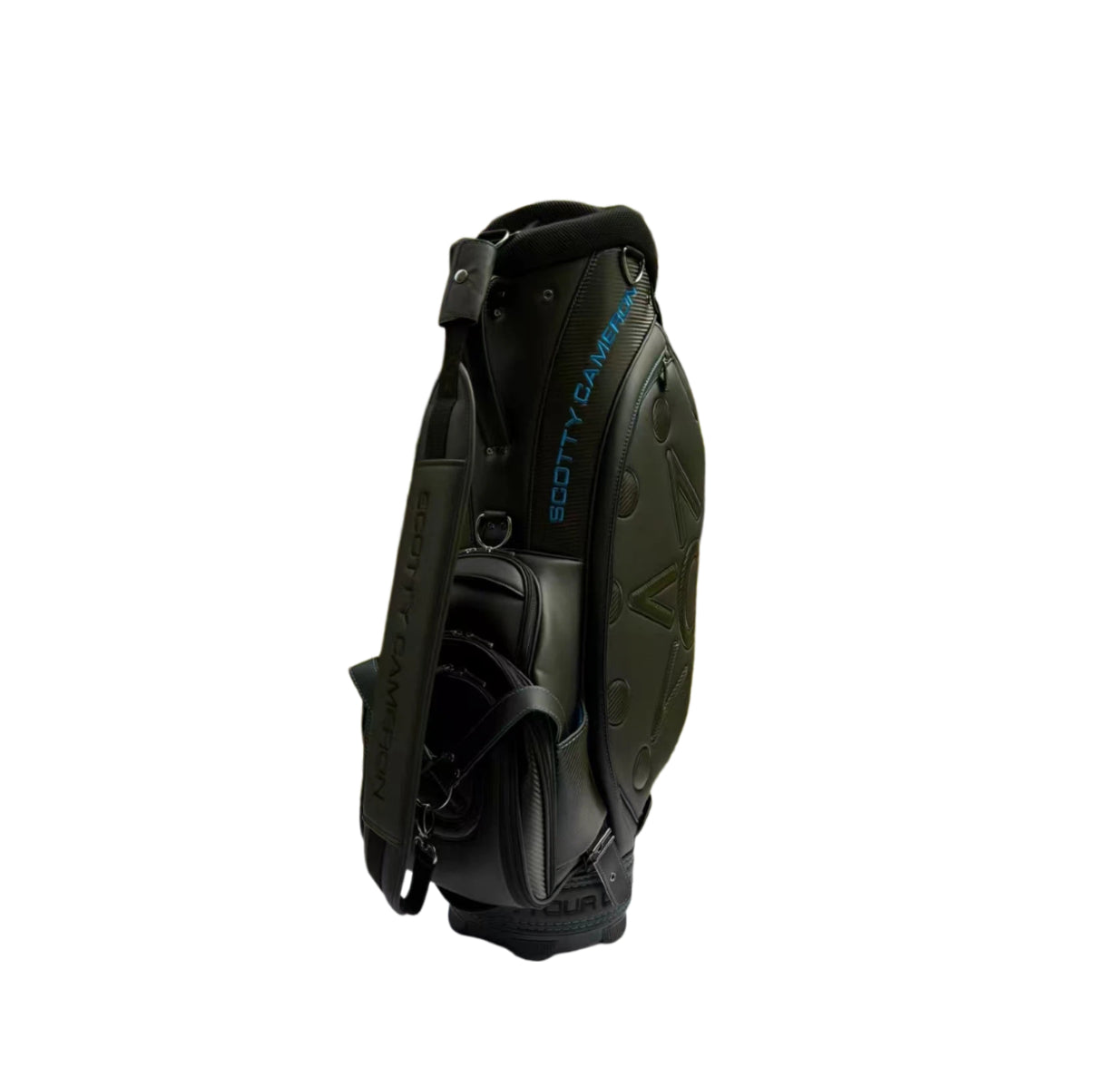 Angled rear view of the Scotty Cameron Backin Black Staff Bag displaying the "SCOTTY CAMERON" text in blue, the adjustable carry strap, and the sleek black finish.