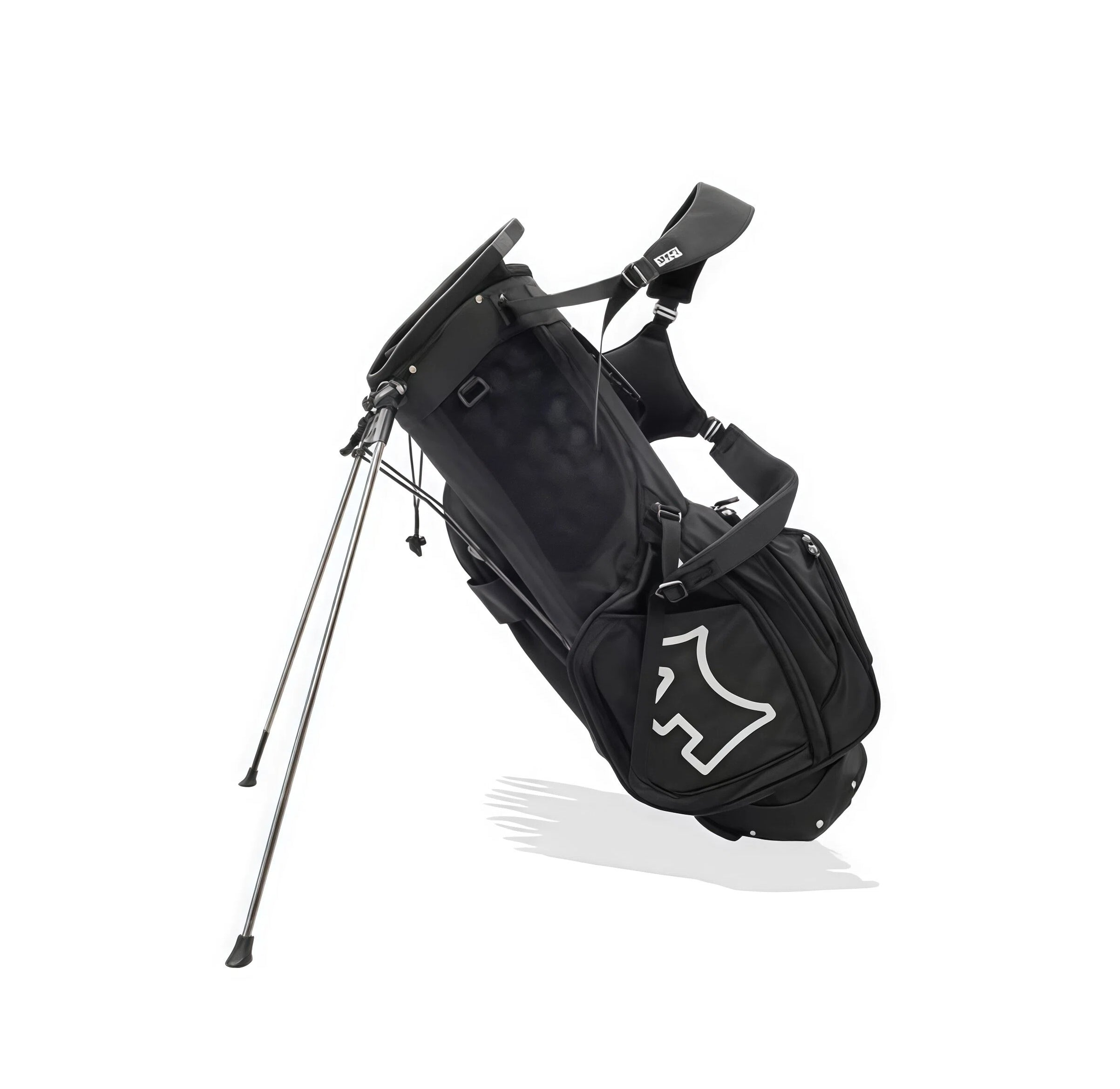 Clean back view of black Scotty Cameron stand bag with white outline logo, padded shoulder harness, and metal stand legs – ideal for golfers who value simplicity and quality.