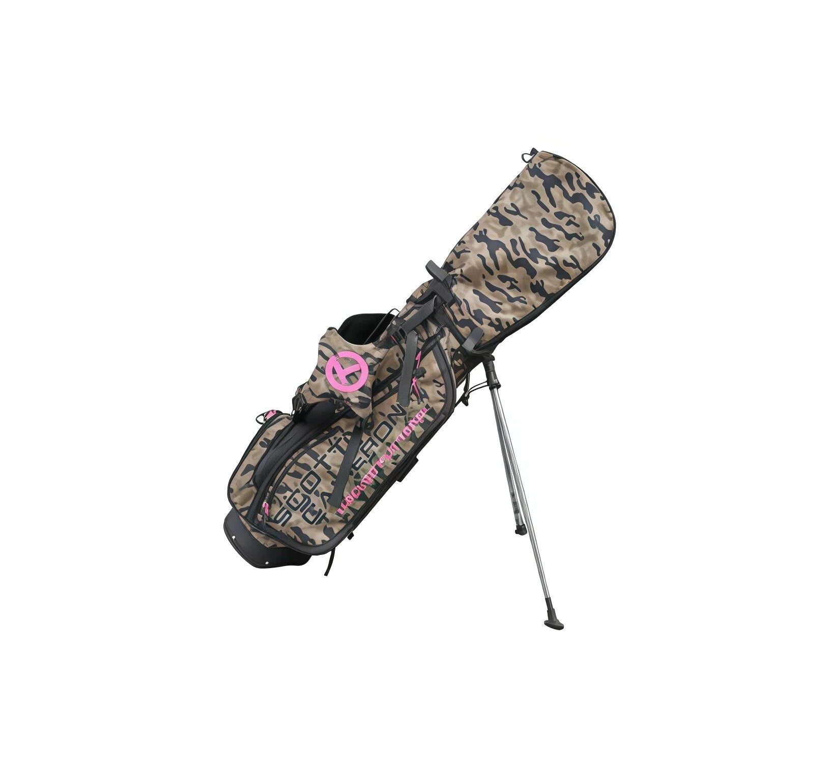 An angled view of the Scotty Cameron Junior Camo-Pink Circle T Stand Bag. This lightweight golf bag features a desert camouflage pattern accented with a bright pink Circle T logo and "SCOTTY CAMERON" branding.
