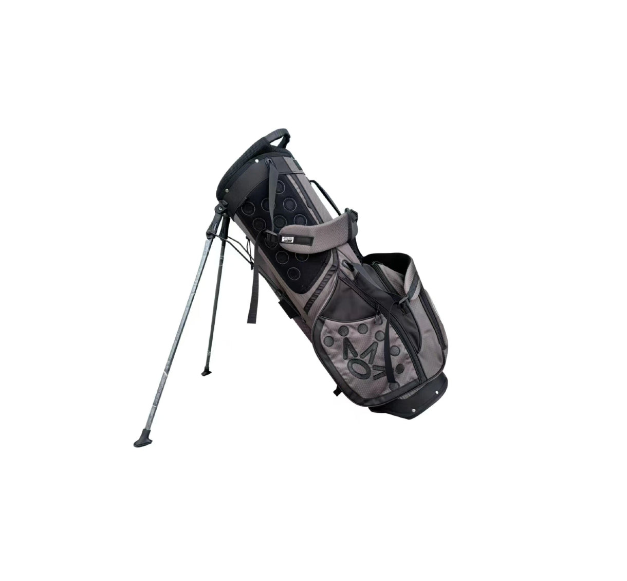 Angled view of the Scotty Cameron Pathfinder Mainstay Stand Bag in Charcoal. This lightweight golf bag features a sleek gray and black design with the iconic Circle T logo, "SCOTTY CAMERON MILLED PUTTERS" branding, and a durable dual-strap system.