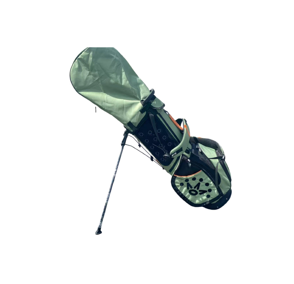 Rear view of the Scotty Cameron Pathfinder Stand Bag in Green, highlighting the integrated stand legs, padded back panel, and ergonomic design for comfortable carrying.