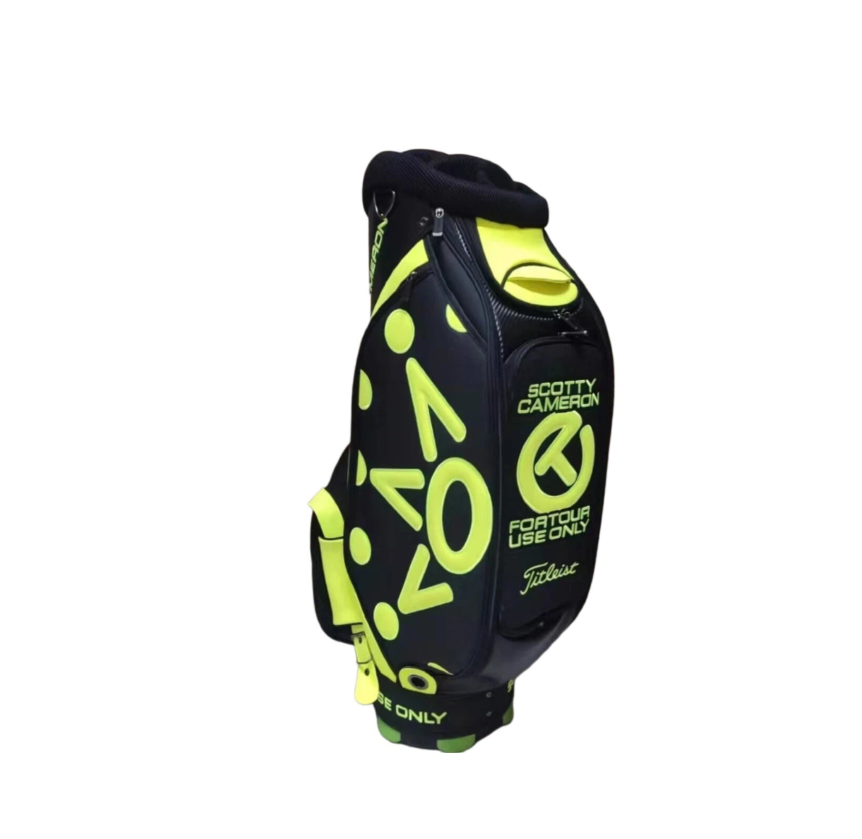 Alternate front angle of the Scotty Cameron Staff Bag 2022 Tour Bag, capturing the dynamic neon yellow graphics, “FOR TOUR USE ONLY” text, and premium construction details.