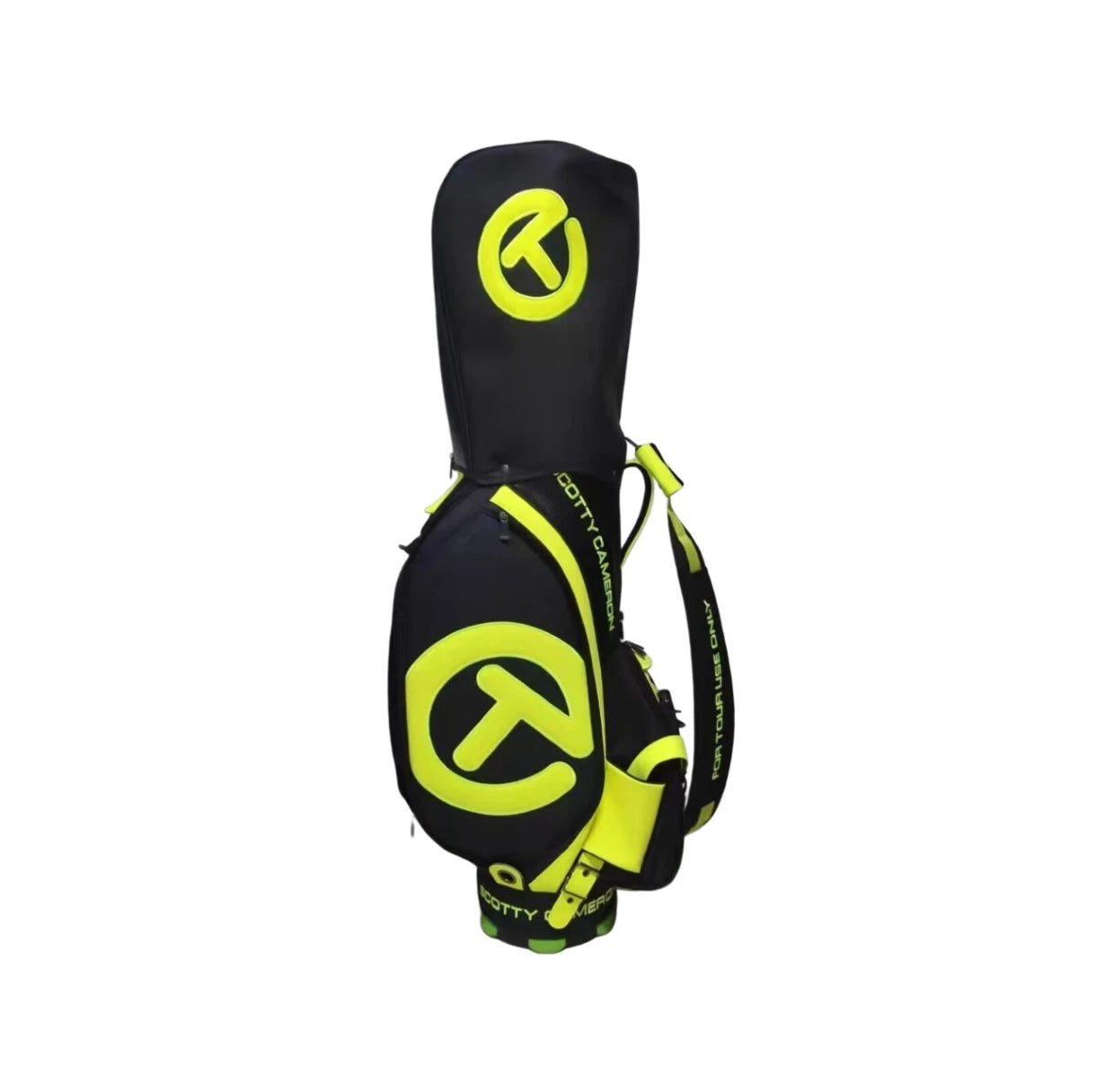 Front view of the Scotty Cameron Staff Bag 2022 Tour Bag with rain hood attached, featuring the prominent Circle T logo and “SCOTTY CAMERON” branding in high-contrast neon yellow.