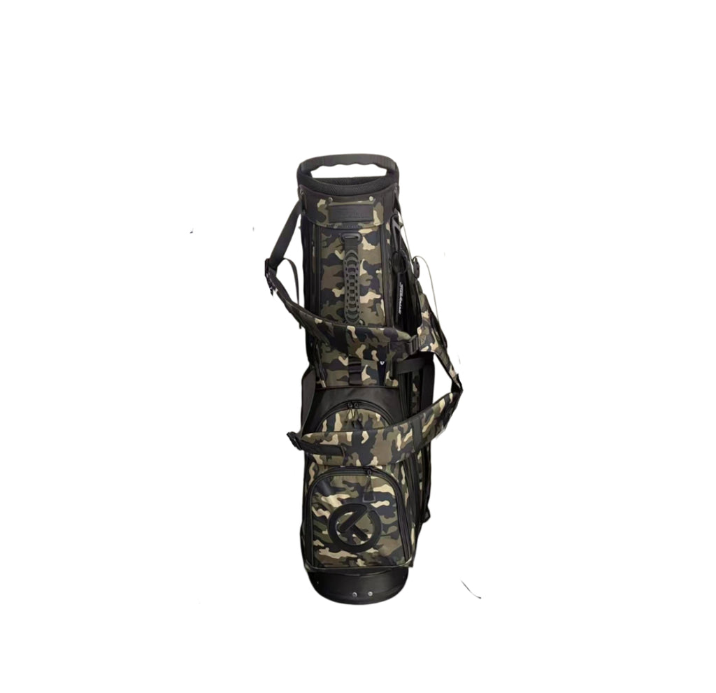  Top-down view of the Scotty Cameron Wanderer Carry Bag in Camo Green and Black, highlighting the club dividers, handle, and overall structure for organized club storage.