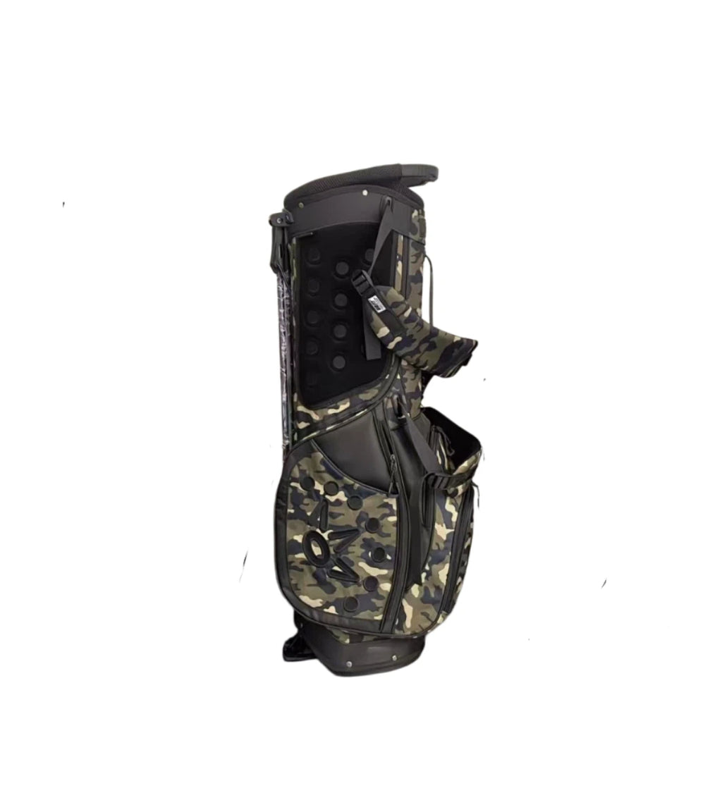 Angled view of the Scotty Cameron Wanderer Carry Bag in Camo Green and Black, featuring the Circle T logo, multiple storage pockets, and a lightweight design for easy transport.