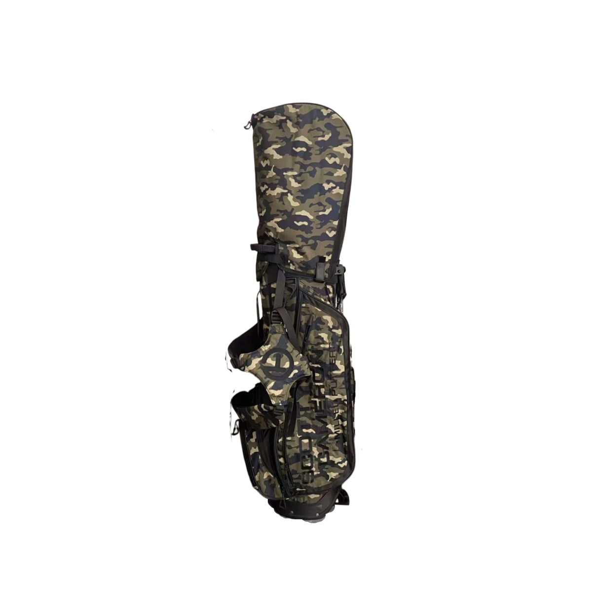 Side profile of the Scotty Cameron Wanderer Golf Bag in Camo Green and Black, showcasing the durable fabric, strap system, and sleek design ideal for golfers on the go.