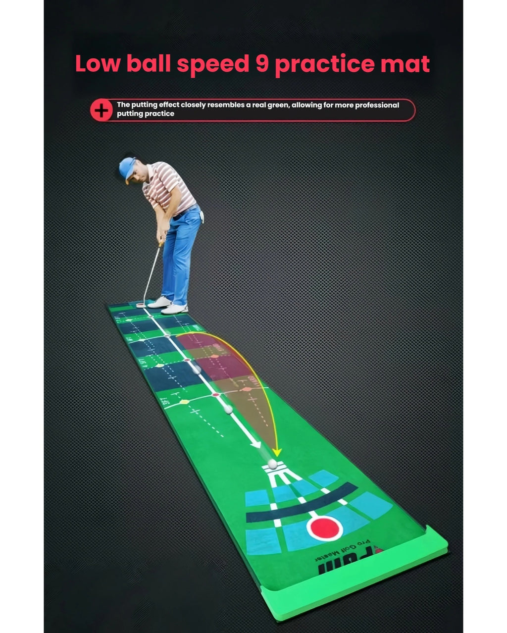 Golfer practising putting stroke on the PGM two-way mat with ball tracking line visualisation
