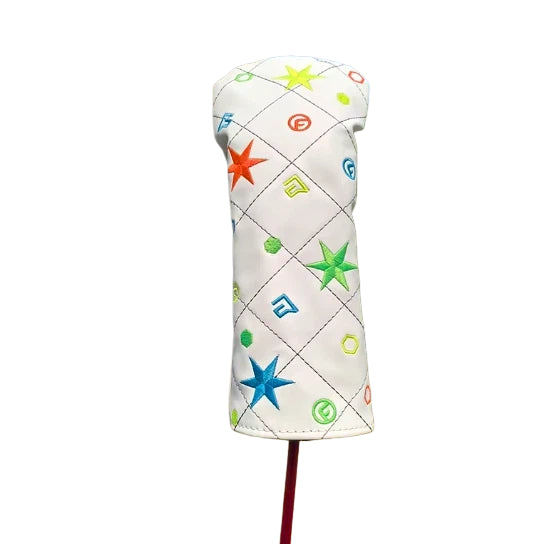 White Six-Star Mage golf driver headcover featuring colorful star pattern and diamond stitching, designed for durable protection and fashionable appearance.