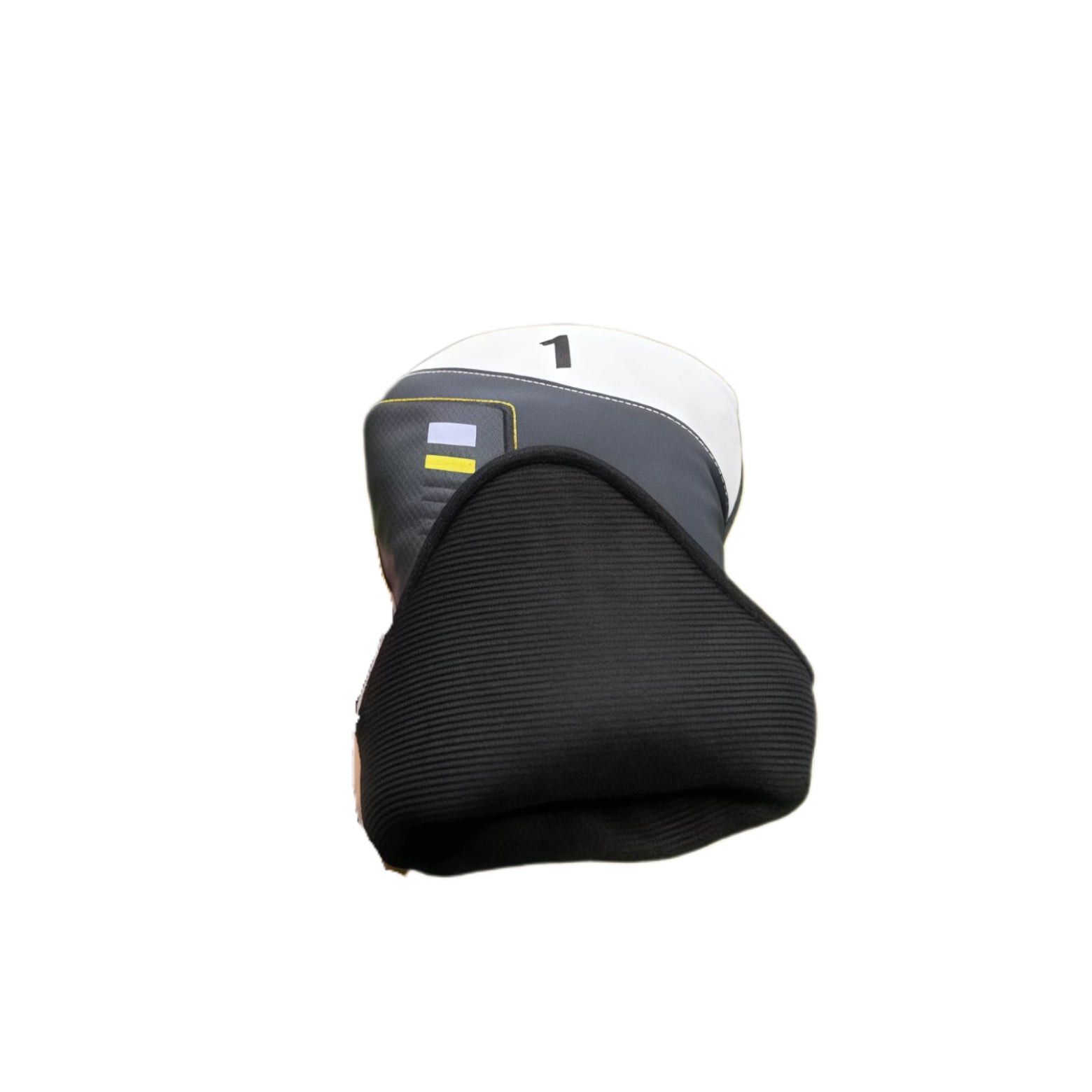 Side view of sport golf headcover for driver, highlighting textured black fabric and 1号木 marking, ideal for protecting high-loft clubs during transport.