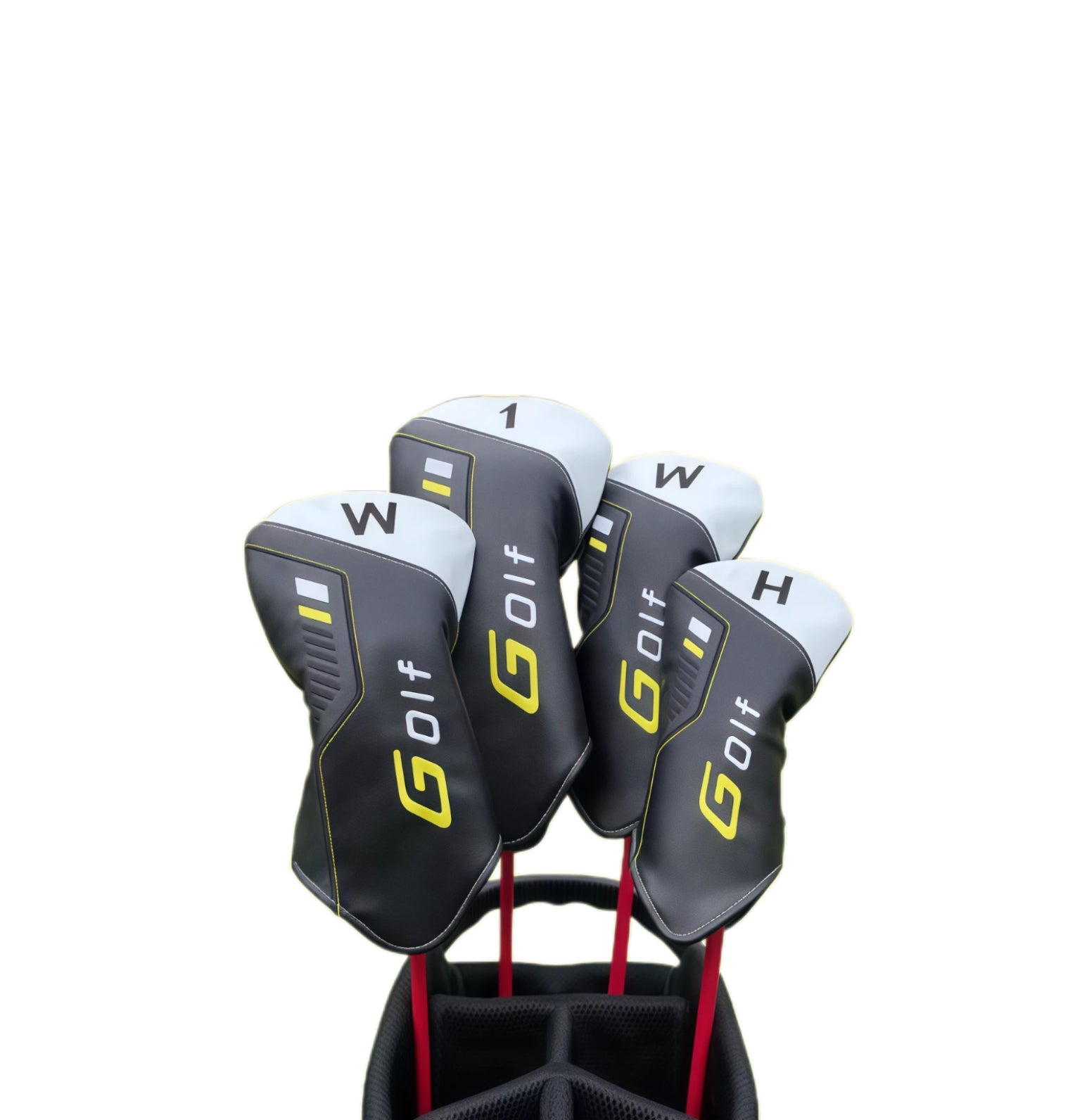 Sport golf headcovers set featuring driver, fairway woods, and hybrid covers with bold Golf branding and yellow-black design, offering durable protection for golf clubs.