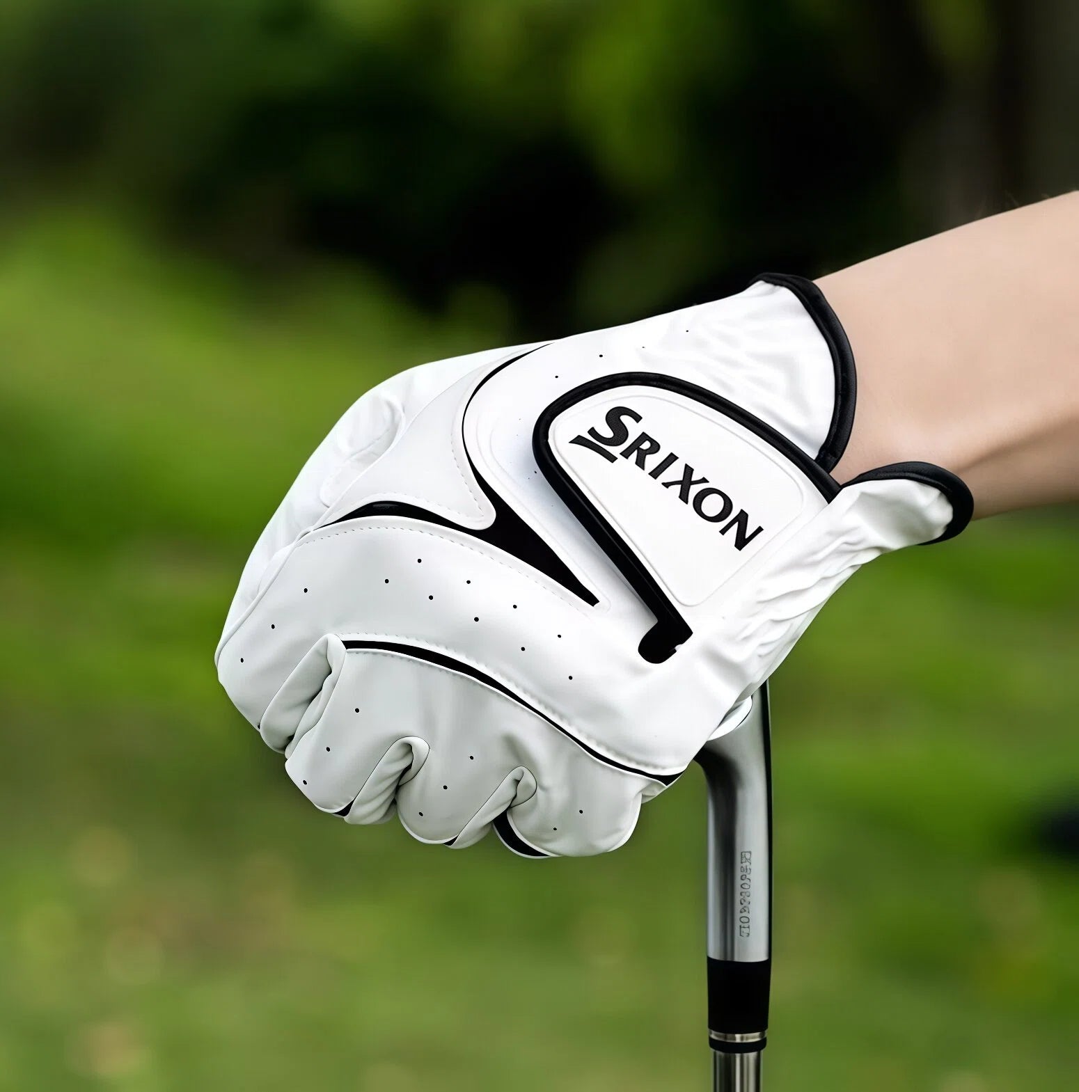 Srixon men's golf glove gripping a golf club, demonstrating superior non-slip performance and secure hold for accurate swings.