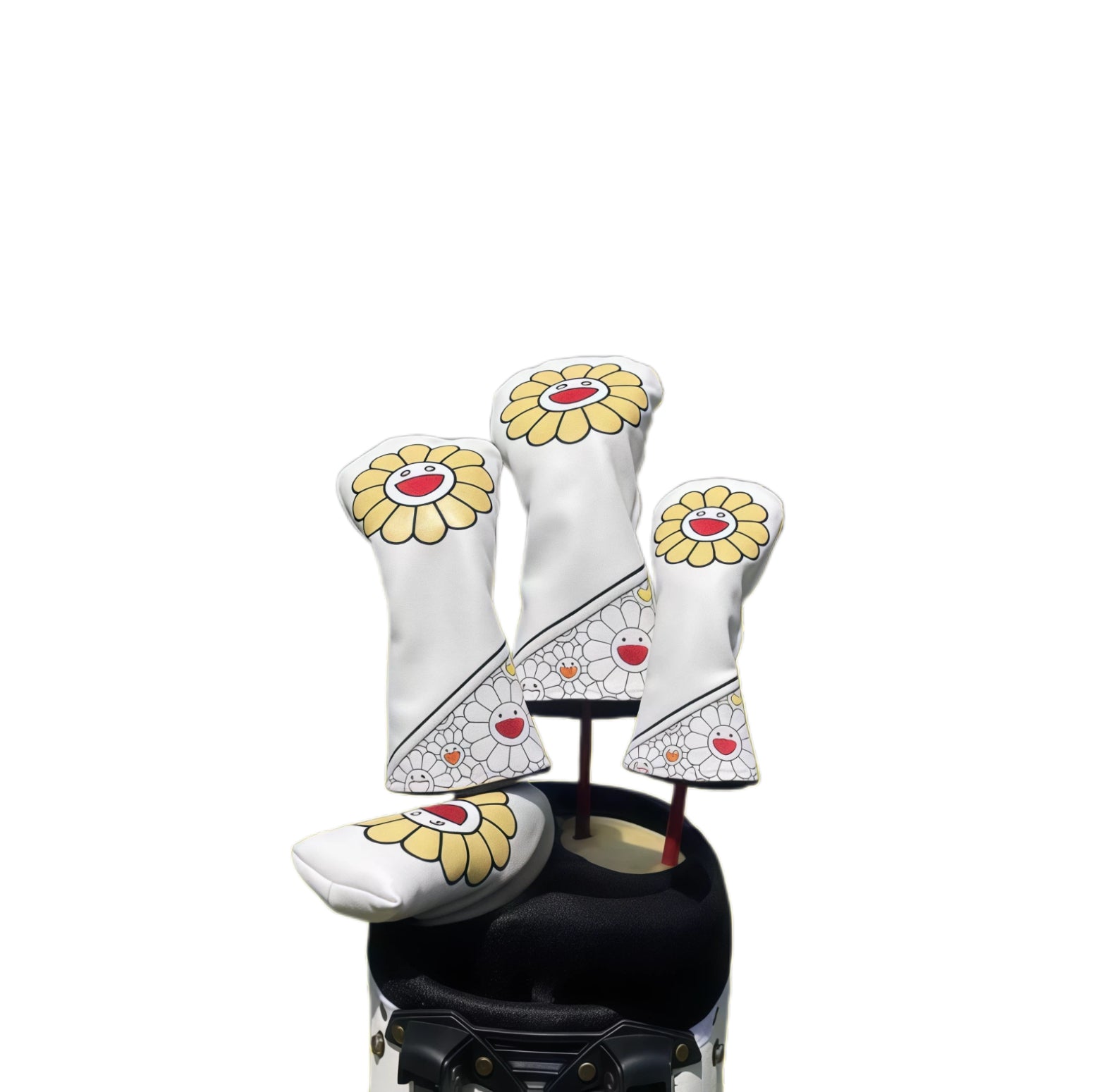 Sunflower Golf Headcovers Set in white with smiling sunflower design and magnetic closure - includes driver, fairway, hybrid, and putter covers made of PU leather for universal fit and stylish club protection