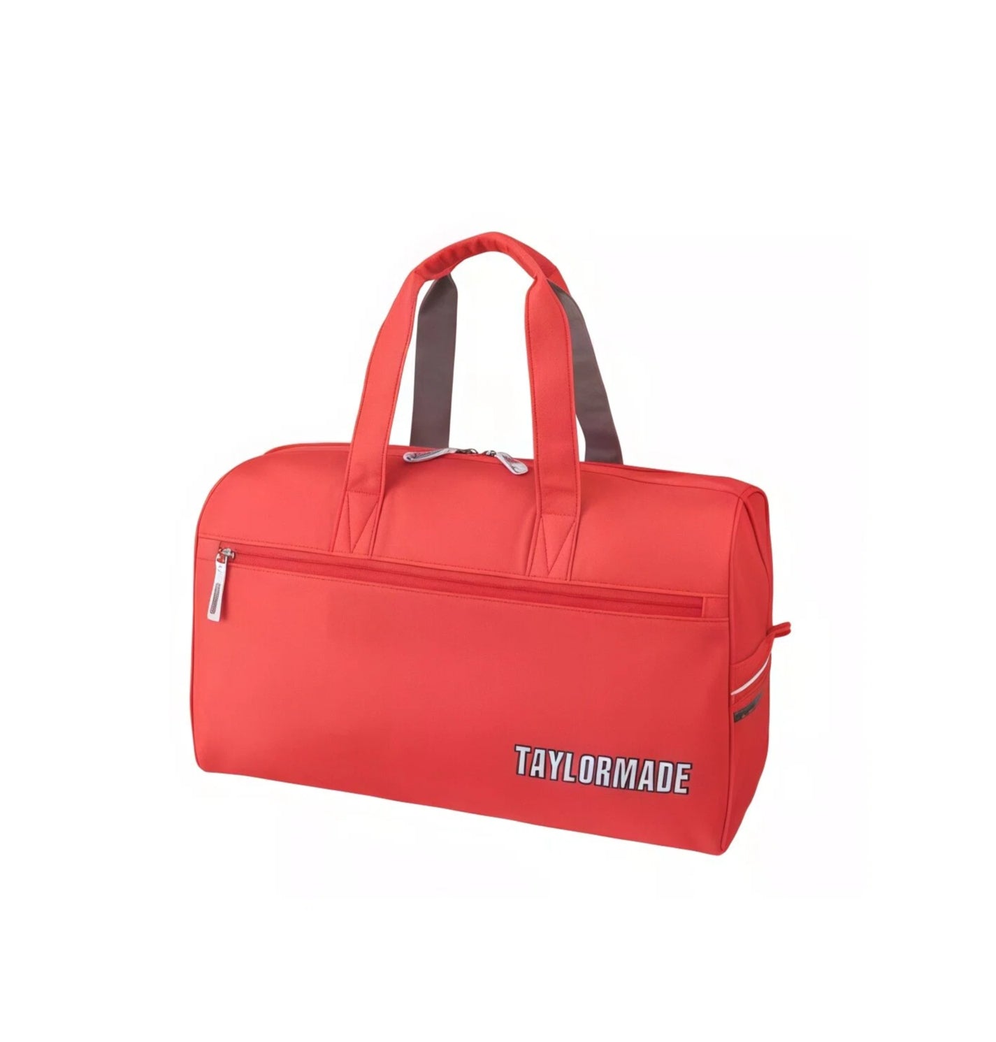 Red TaylorMade golf duffel bag with black "TAYLORMADE" text. Features a front zippered pocket, dual handles, and modern sporty look perfect for golf or fitness.