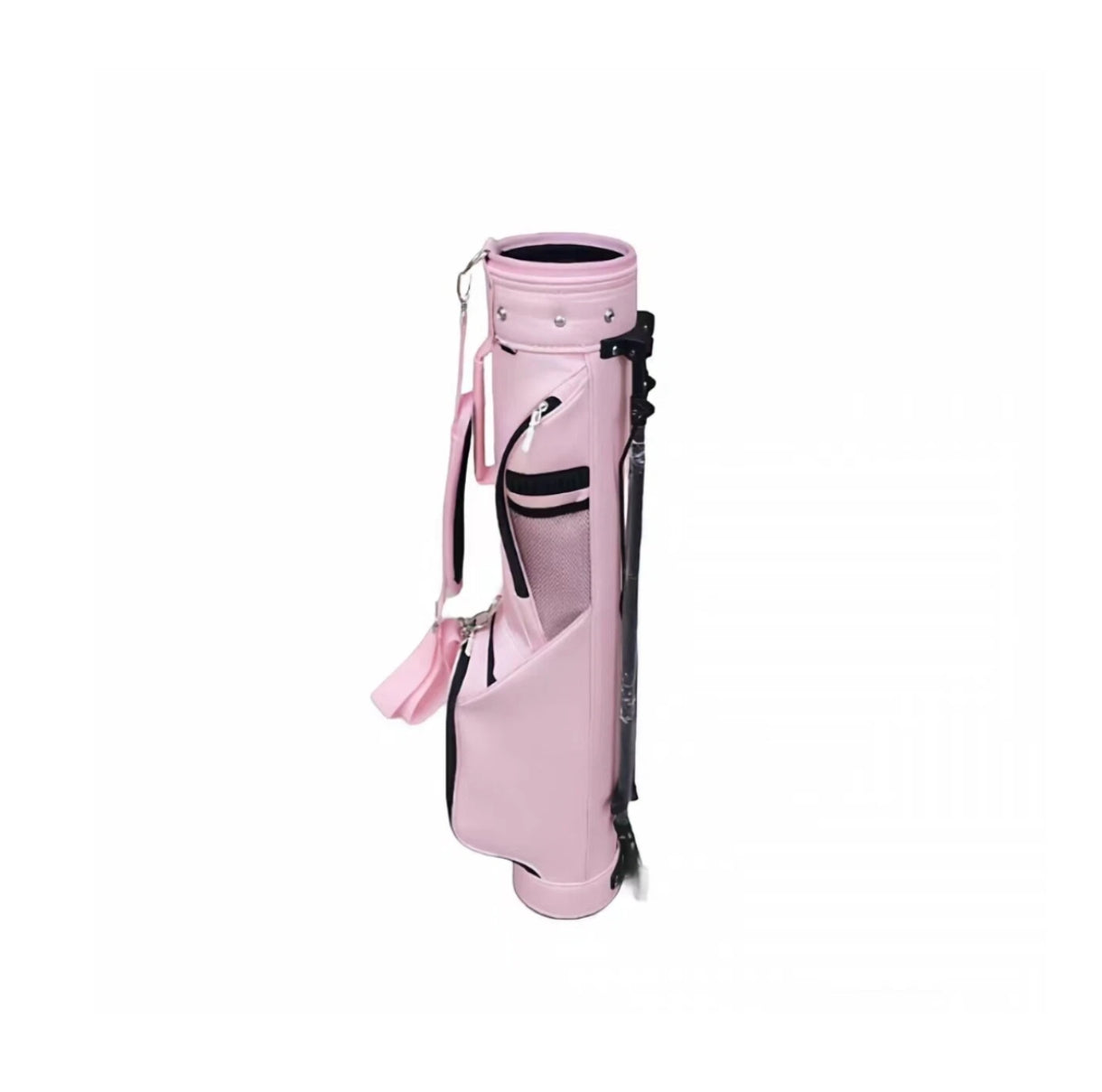 Front view of the pink TaylorMade lightweight stand golf bag featuring an adjustable shoulder strap, dual carry handles, and multiple zippered pockets. Designed for beginners and casual players, this compact bag offers easy access and comfortable carrying.