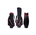 Front, side, and back views of the TaylorMade Premium Cart Bag in black and red. Features a sleek profile, reinforced bottom, dual carry handles, and large main compartment. Ideal for both casual and competitive play.
