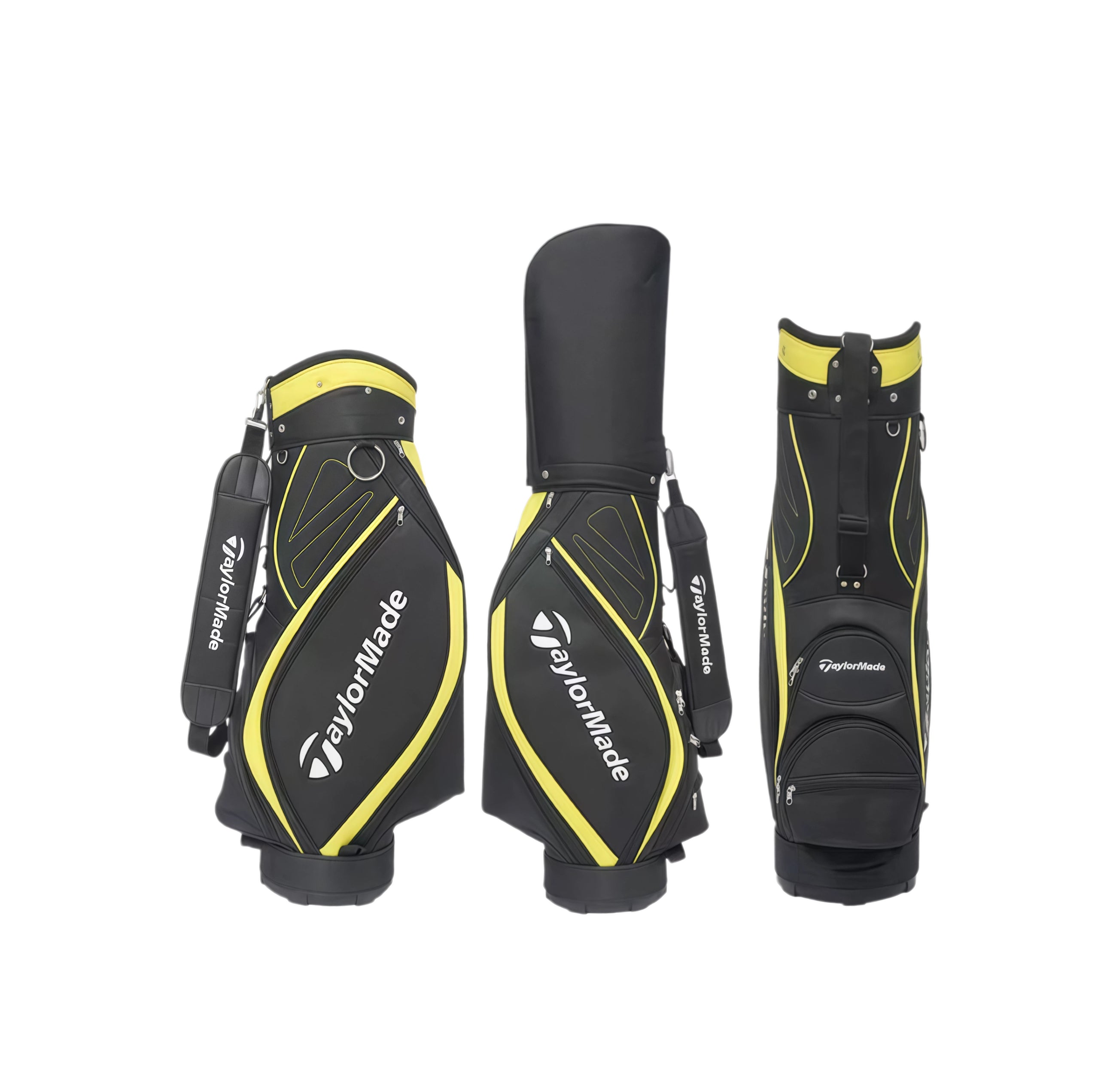 Three-angle view of the TaylorMade Premium Cart Bag in black and yellow. Features include dual straps, multiple pockets, reinforced base, and prominent TaylorMade logo. Designed for durability and easy transport on the golf course.
