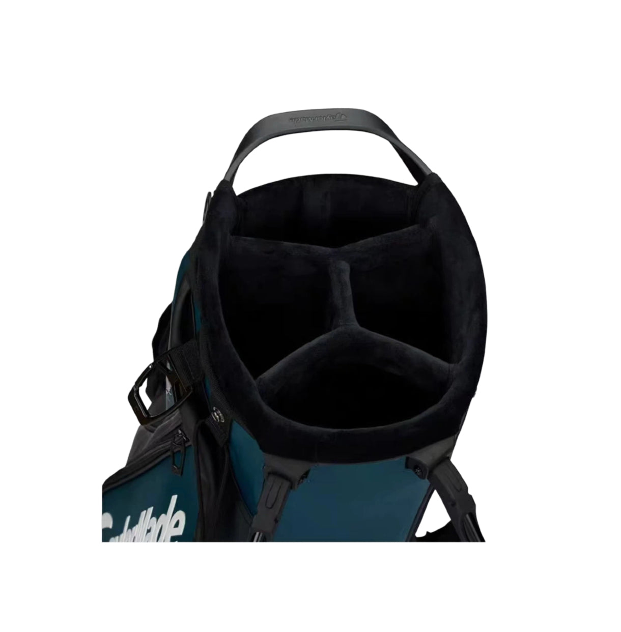Close-up interior view of the TaylorMade Qi4D staff bag showing the 3-way club divider system, soft plush lining, and reinforced structure. Keeps clubs separated and protected from damage during transit or play.