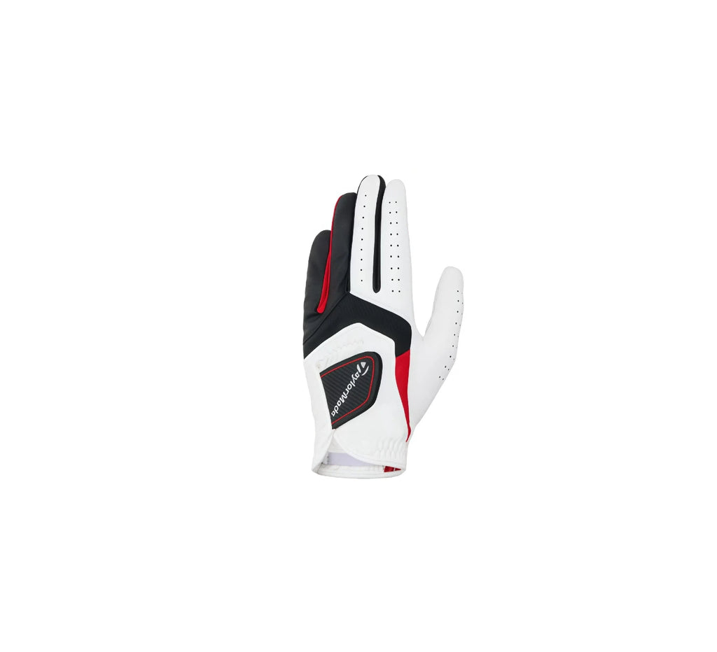TaylorMade RBZ M13734 men's golf glove for left hand, featuring a white premium synthetic leather body with black and red performance accents and logo branding.