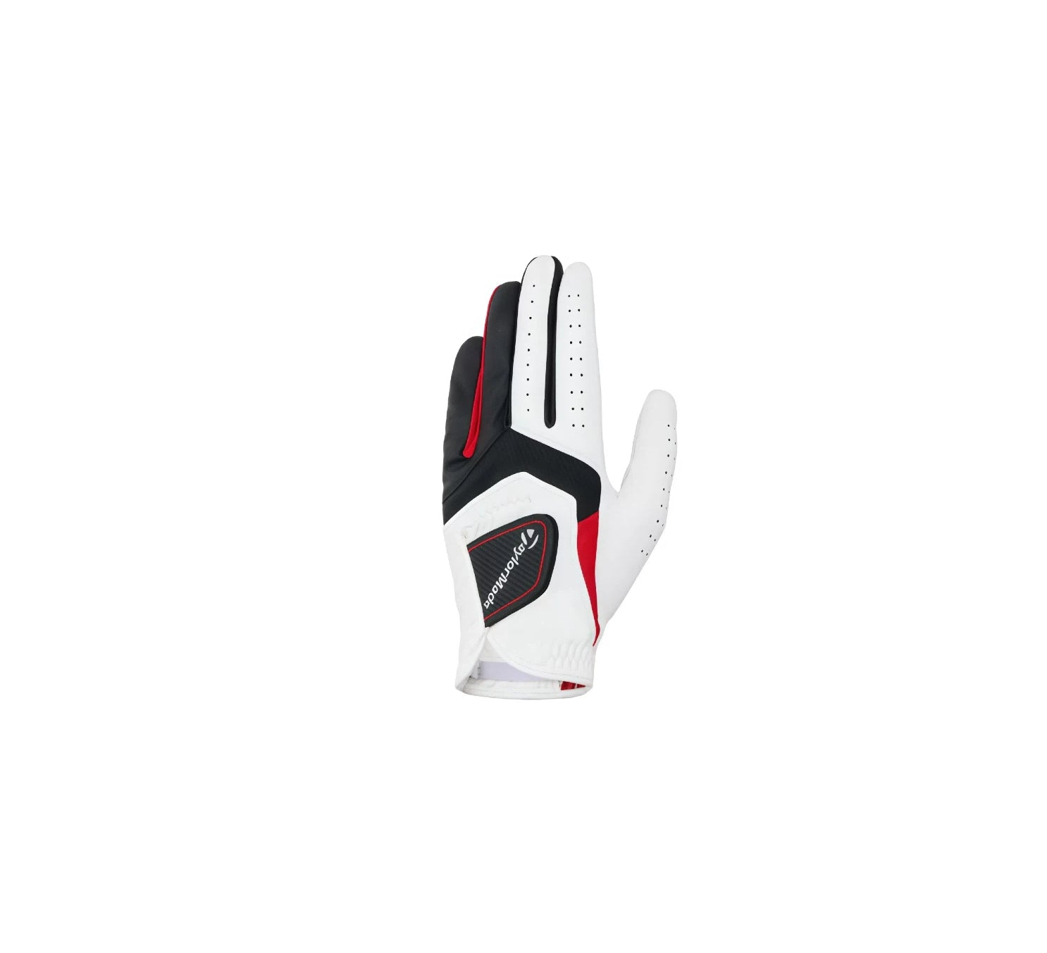 TaylorMade RBZ M13734 men's golf glove for left hand, featuring a white premium synthetic leather body with black and red performance accents and logo branding.