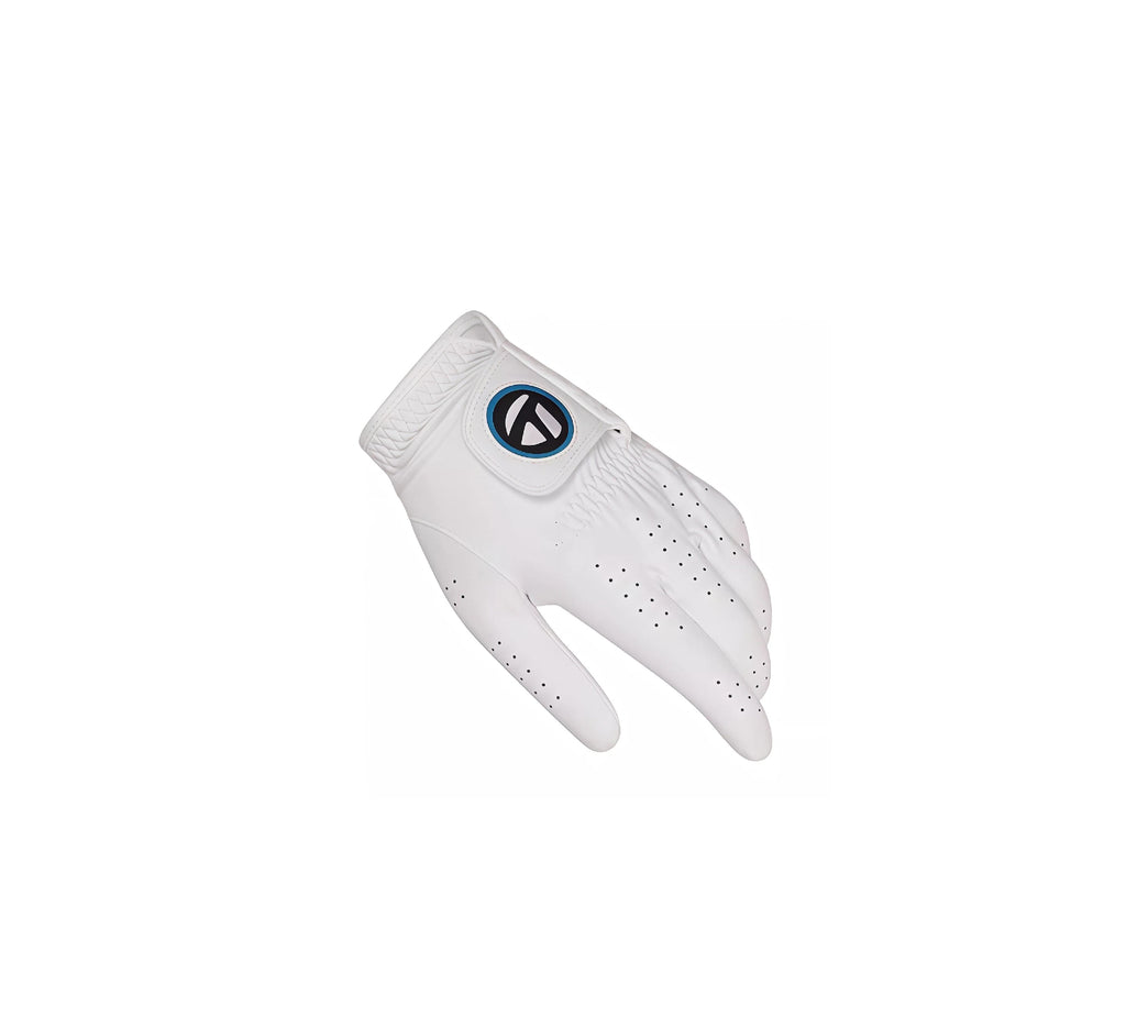 TaylorMade U26245 Player's golf glove for men (left hand), featuring white synthetic leather, breathable perforations, and a blue accented logo.