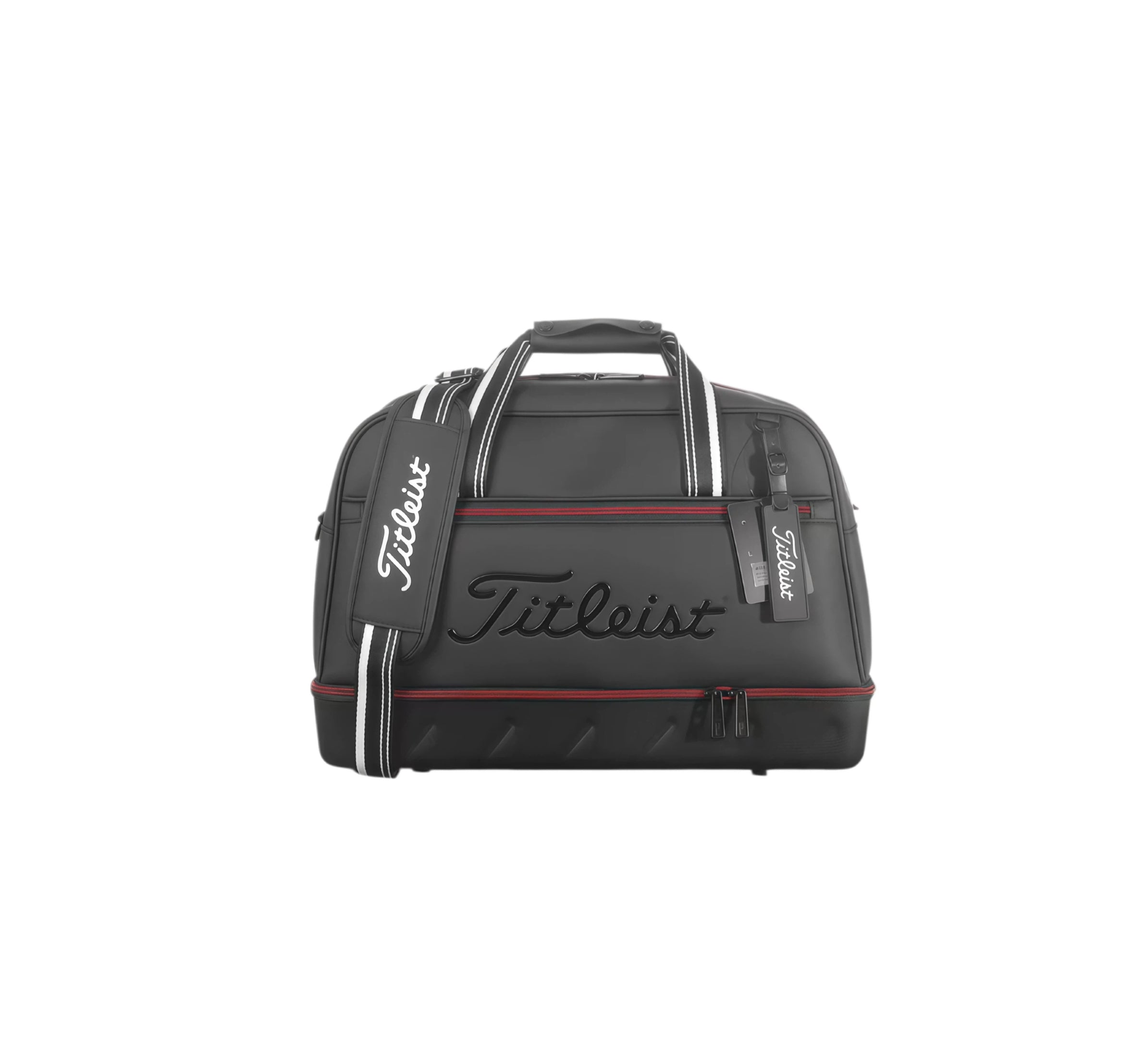 Black Titleist Authentic Boston Bag with red accent stitching, embossed "Titleist" logo, and branded shoulder strap. Premium quilted design for golf and gym use.