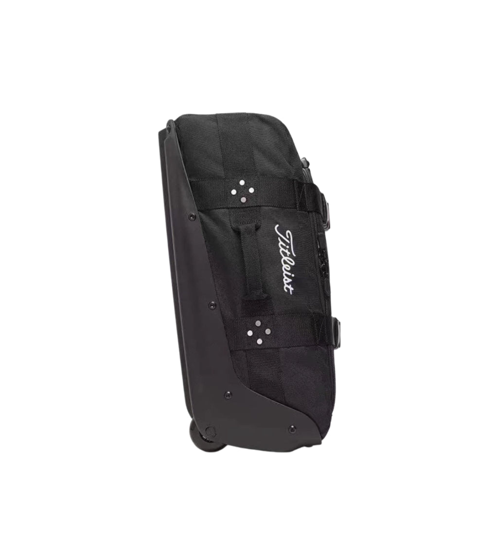 Side view of the black Titleist Club Mini Rolling Duffle Bag featuring dual spinner wheels, reinforced corners, and durable fabric. Designed for easy mobility during travel.