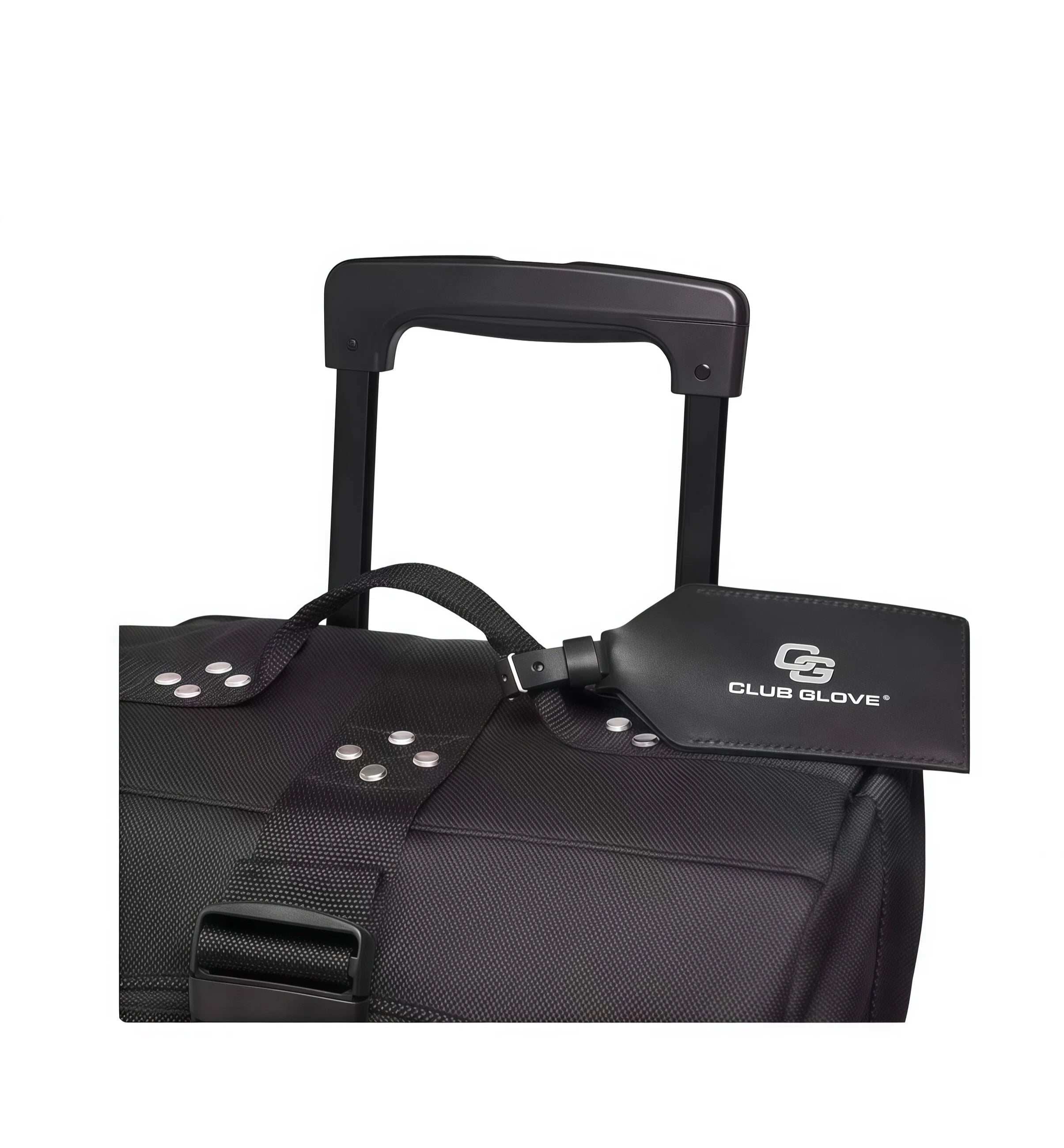 Top view of the black Titleist Club Mini Rolling Duffle Bag with extended telescopic handle and Club Glove luggage tag. Features durable straps and metal rivets for added strength.