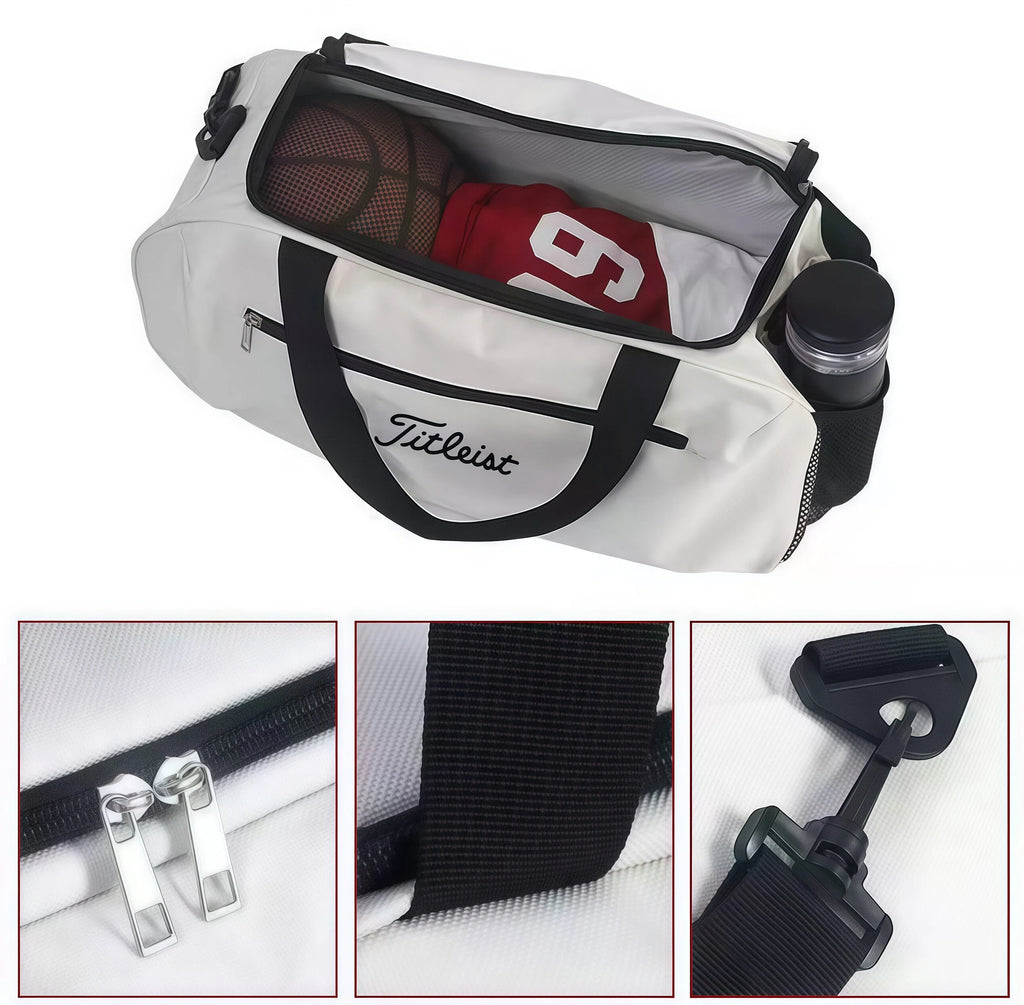 Open view of the white Titleist Core Golf Boston Bag showing a basketball, jersey, and water bottle inside. Close-ups highlight durable zippers, reinforced fabric, and adjustable buckle strap. Features a dedicated shoe compartment and organized storage.
