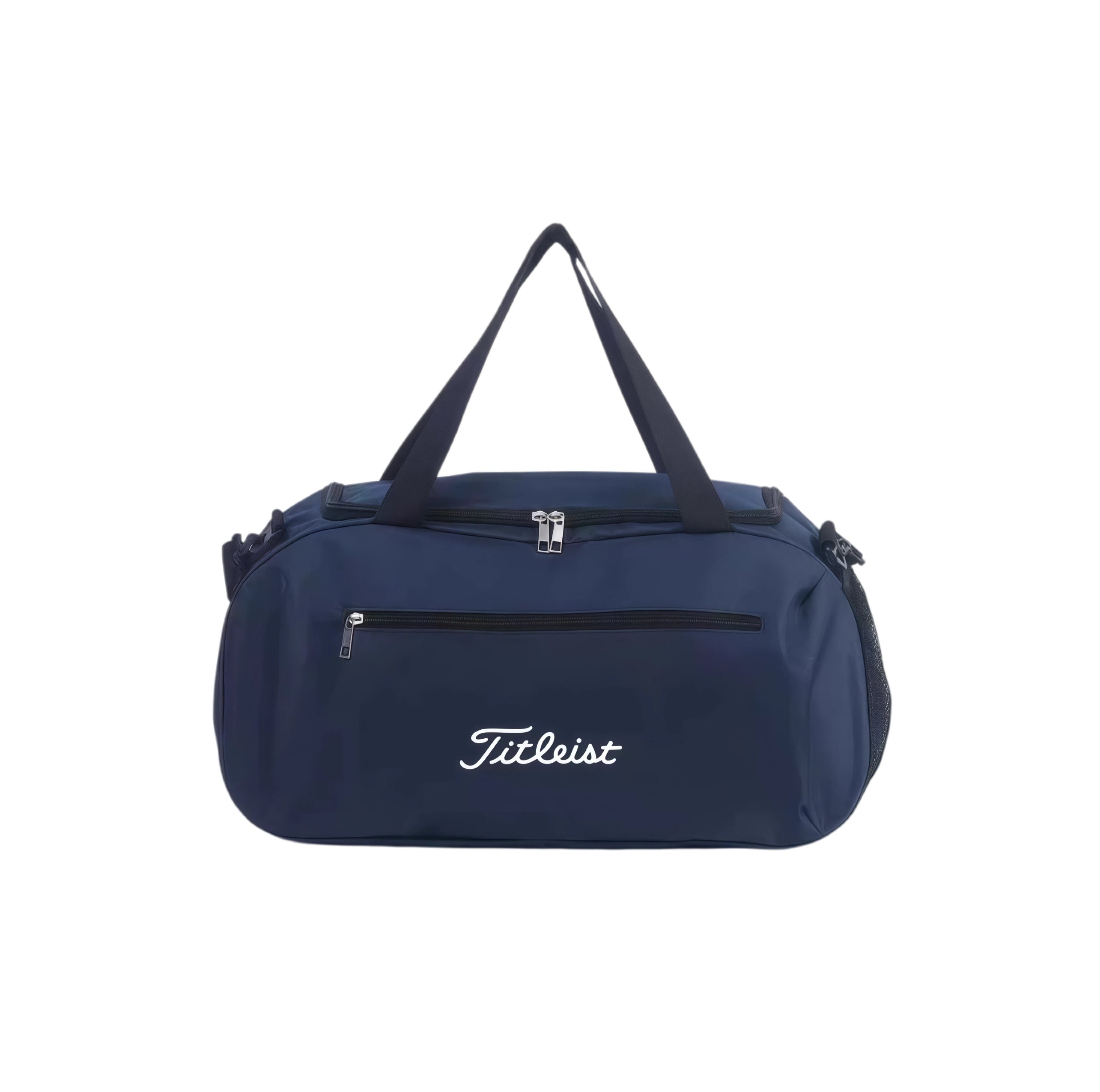 Navy blue Titleist Core Golf Boston Bag with white embroidered logo. Features top handles, front zip pocket, and side mesh water bottle holder. Perfect for golf, gym, or travel.
