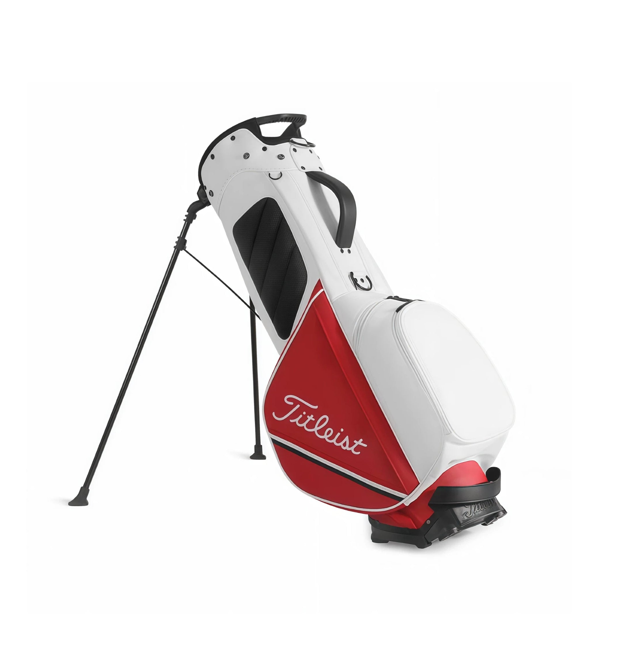 Side view of the Titleist Players 4 Plus Stand Bag in white and red. Showcases the vibrant red panel, "Titleist" logo, and built-in stand legs. A bold choice for golfers who love color.
