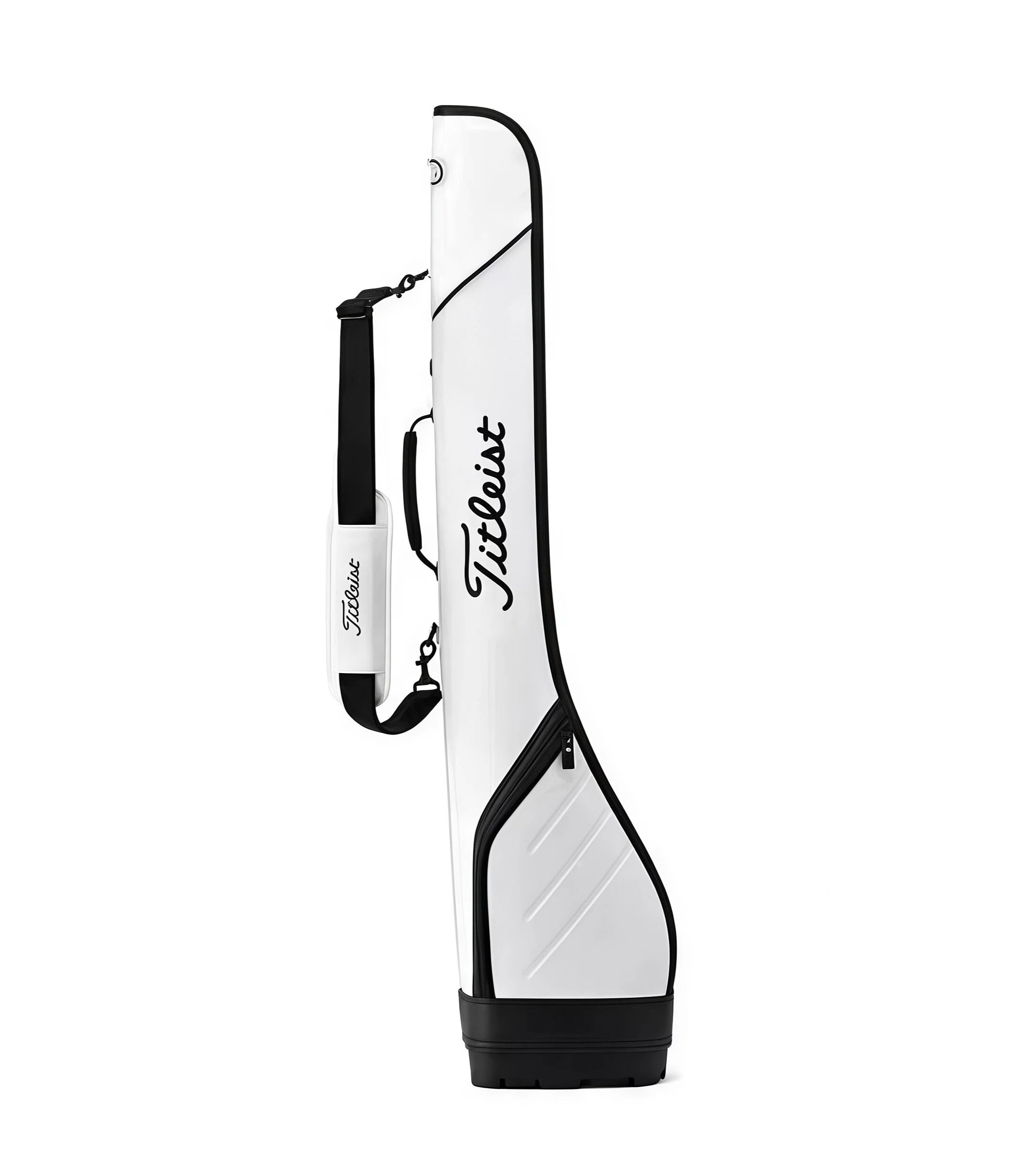 Side view of the Titleist Premium Carry Bag in white with black trim. Includes a detachable shoulder strap, zippered closure, and minimalist "Titleist" script logo. Perfect for clean, modern style.