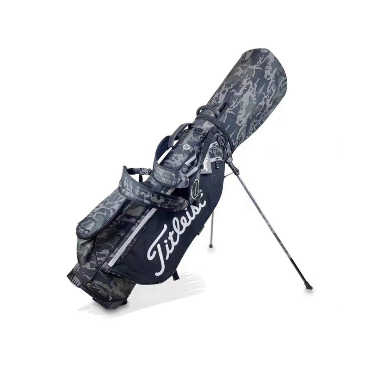 Stylish camouflage-patterned Titleist carry golf bag with black base and white logo. Features dual stand legs, adjustable shoulder strap, and durable construction for outdoor use.