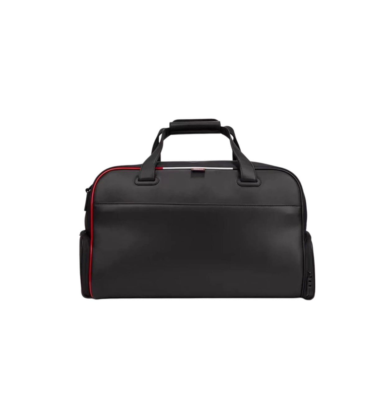 Front view of the black Titleist Premium Golf Duffel showcasing its smooth surface, red piping trim, and top carry handles. Ideal for stylish travel and golf gear storage.