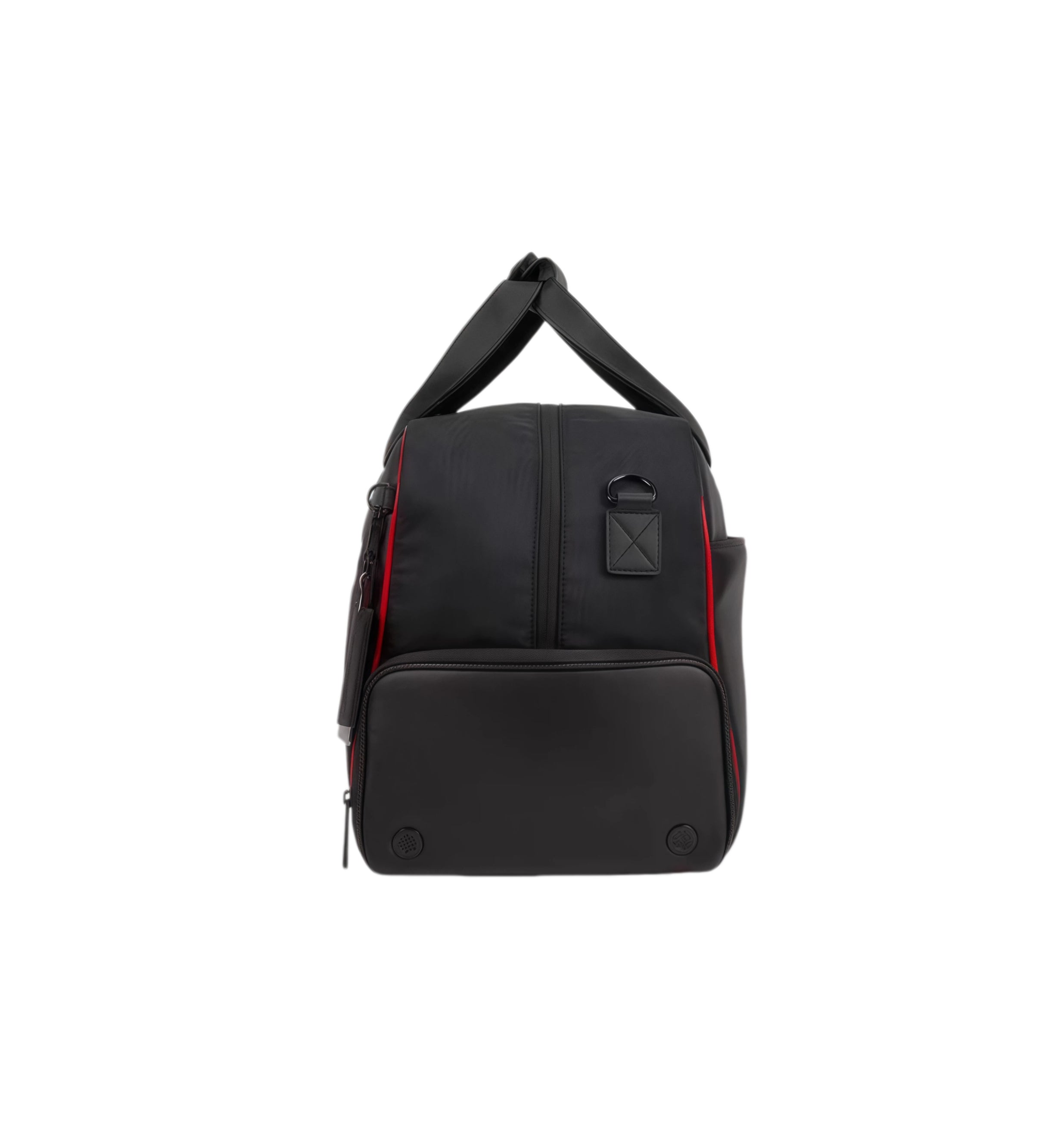 Rear view of the black Titleist Premium Golf Duffel with red piping details and protective bottom feet. Includes a branded leather tag and dual-carry handles for easy transport.