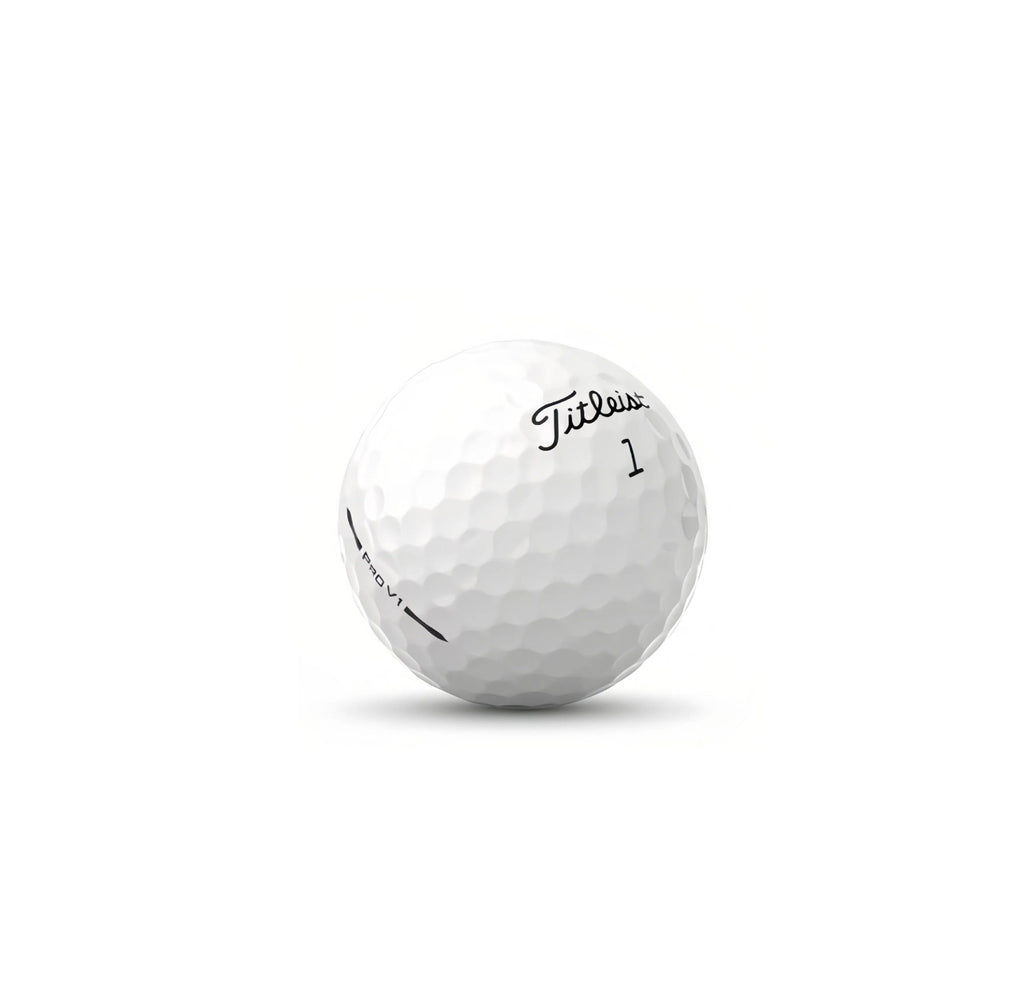 Close-up of a white Titleist Pro V1 2025 golf ball, clearly showing the "Titleist" script, the number "1", and the "PRO V1" model name against a clean background.