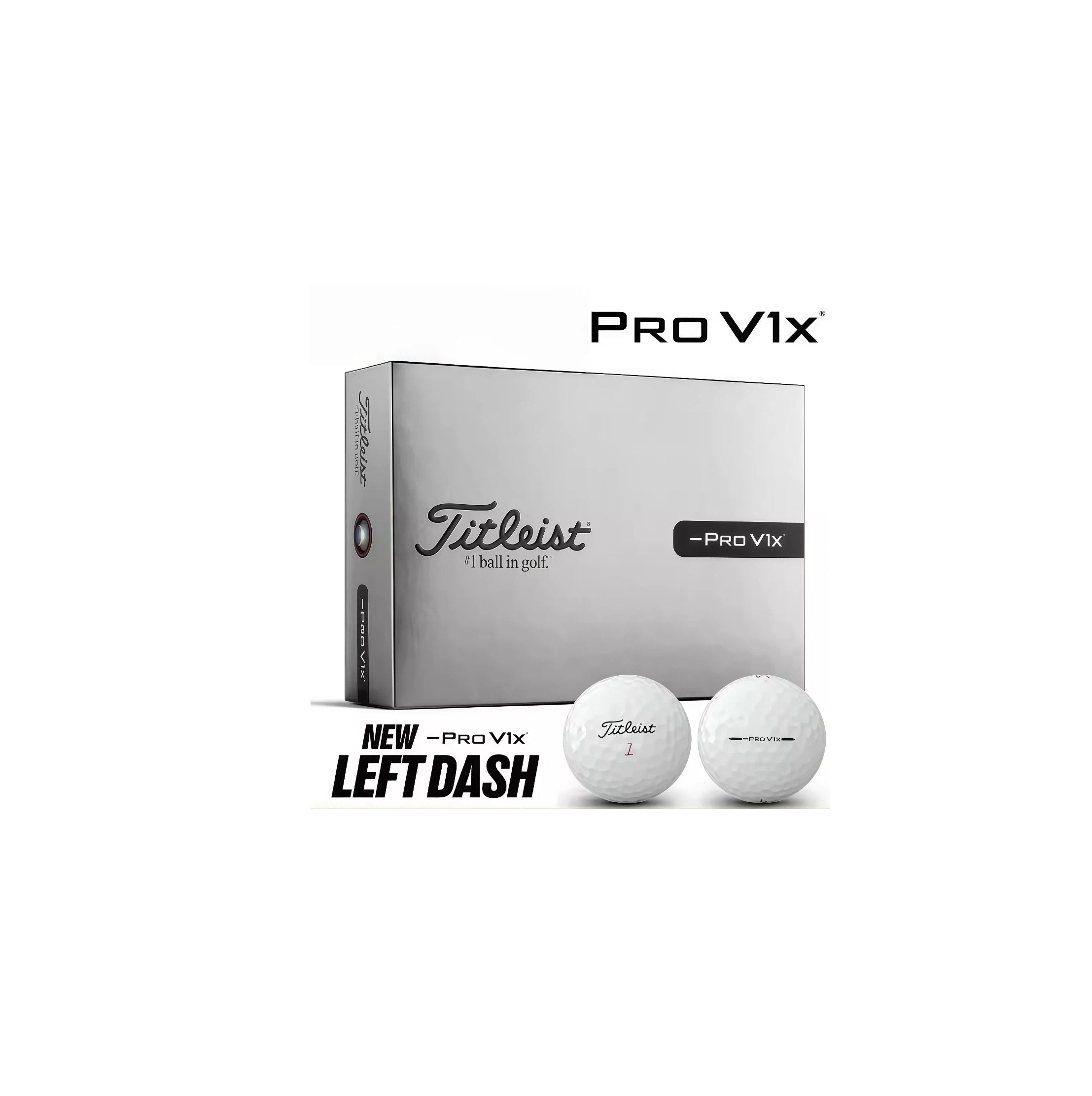 Titleist Pro V1x Left Dash Loyalty Rewarded golf balls displayed with their silver packaging, featuring two white golf balls with "Titleist 1" and "PRO V1x" branding, highlighting the new Left Dash design for enhanced performance.