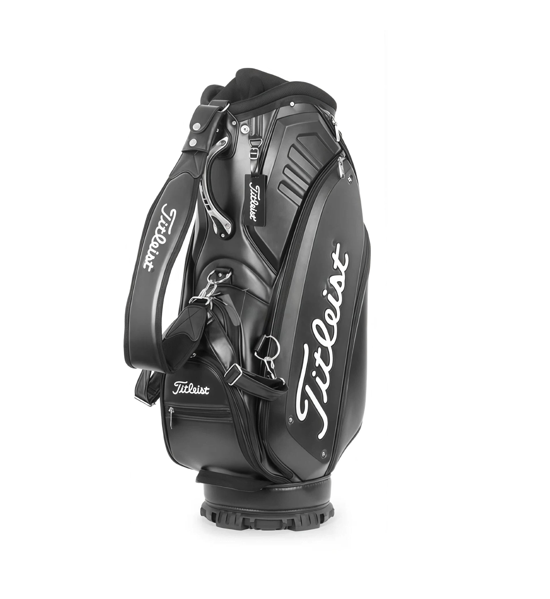 Full view of the Titleist Standard Cart Bag in black with white "Titleist" script logo. Features padded shoulder strap, zippered compartments, and rubberized base. Built for durability and classic elegance on the course.