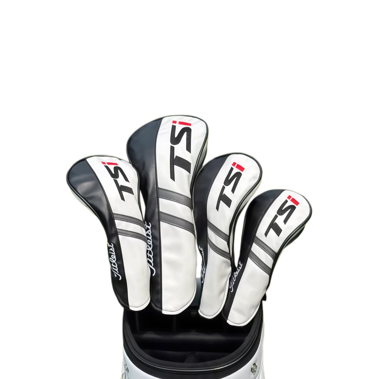 Set of Titleist TSi golf driver headcovers in black and white leather, featuring bold "TSi" branding and red accents, designed to protect your 1 wood clubs with a sleek and professional look.